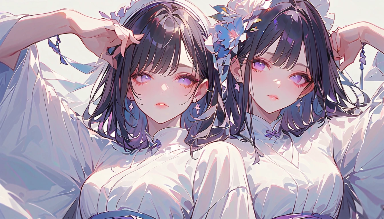 Top Quality, 8K, 4K, High Definition, Detail, (better-quality, 8K, 12), top-quality, 1 girl、purple short bob hair clip tied into a bun、black eyes、small breasts、uniform、gray jacket with pink line、blue skirt、 fingerless gloves、thighs、Ilcha fousing on her, surprise face, having her handon her face, making cute expressing face. picture pose, she is standing up, she has a loil pop in her mouth, she up close only showing her wraist and up.