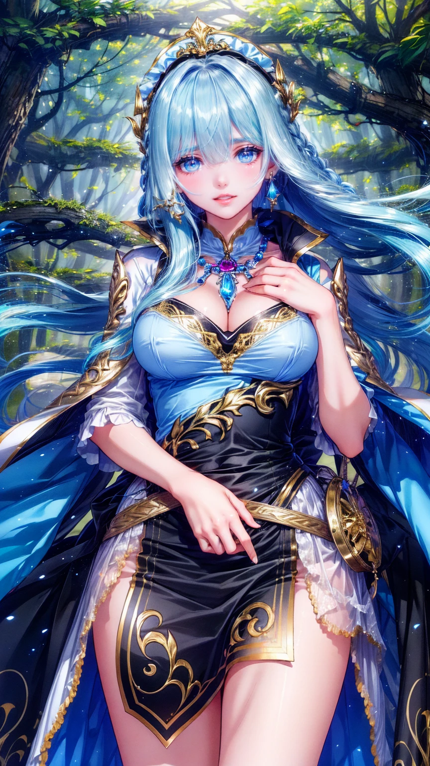 beautiful woman,Folk Girl,white with blue eyes,Twist,Wear a strapless wedding dress with no straps.,countryside,countryside,beautiful scenery,European Middle Ages,smile with teeth,forehead,forehead exposed,big tits,rift,