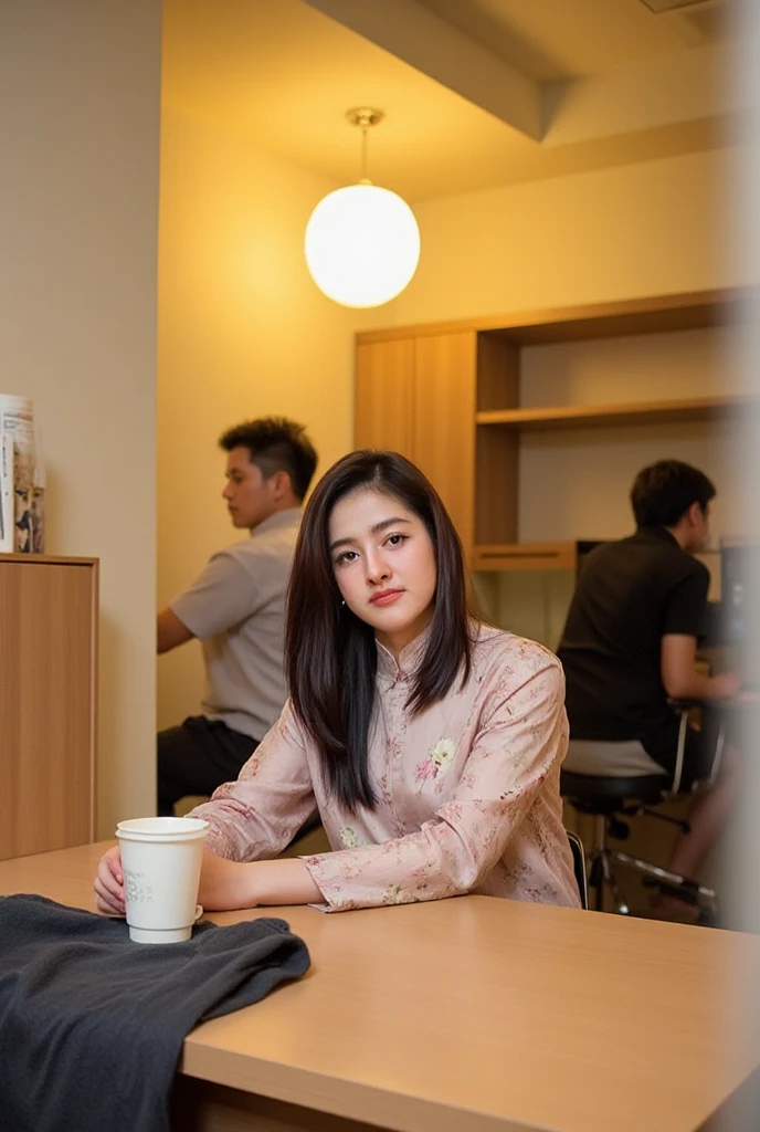 Chiasa, A beautiful 20-year-old Thai woman sits gracefully, exuding a gentle demeanor. She wears a form-fitting, high-neck bright red cheongsam adorned with intricate floral patterns, blending seamlessly with the soft yellow lighting in the background. A computer, desk, and comfortable office furniture create a warm and friendly atmosphere. The composition highlights her serene expression and the inviting ambiance of the setting.