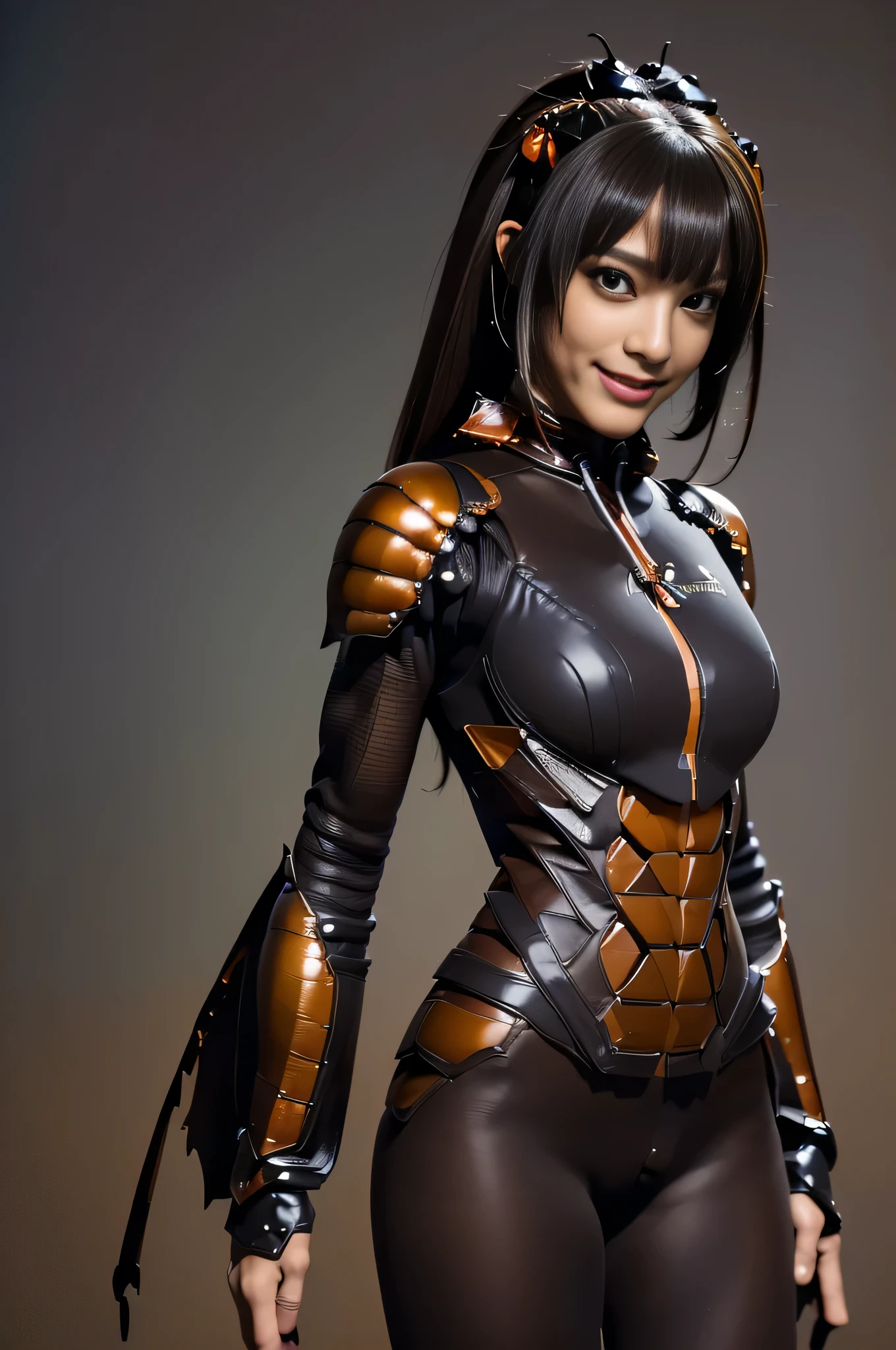 (high resolution,masterpiece,best quality,extremely detailed CG, anime, official art:1.4), realistic, photo, amazing fine details, all intricate, gloss and shiny,awesome many layers, 8k wall paper, 3d, sketch, kawaii, illustration,( solo:1.4), perfect female proportion,villainess, (fusion of dark brown cockroach and lady:1.4), (brown cockroach form lady:1.2), (brown cockroach lady:1.2), (fusion:1.2), (solo:1.4), (evil smile:1.2), muscular, abs, (cockroach brown exoskeleton bio insect suit:1.4), (cockroach brown exoskeleton bio insect armor:1.2), (brown transparency cockroach wing:1.4), (brown cockroach antennae:1.3),