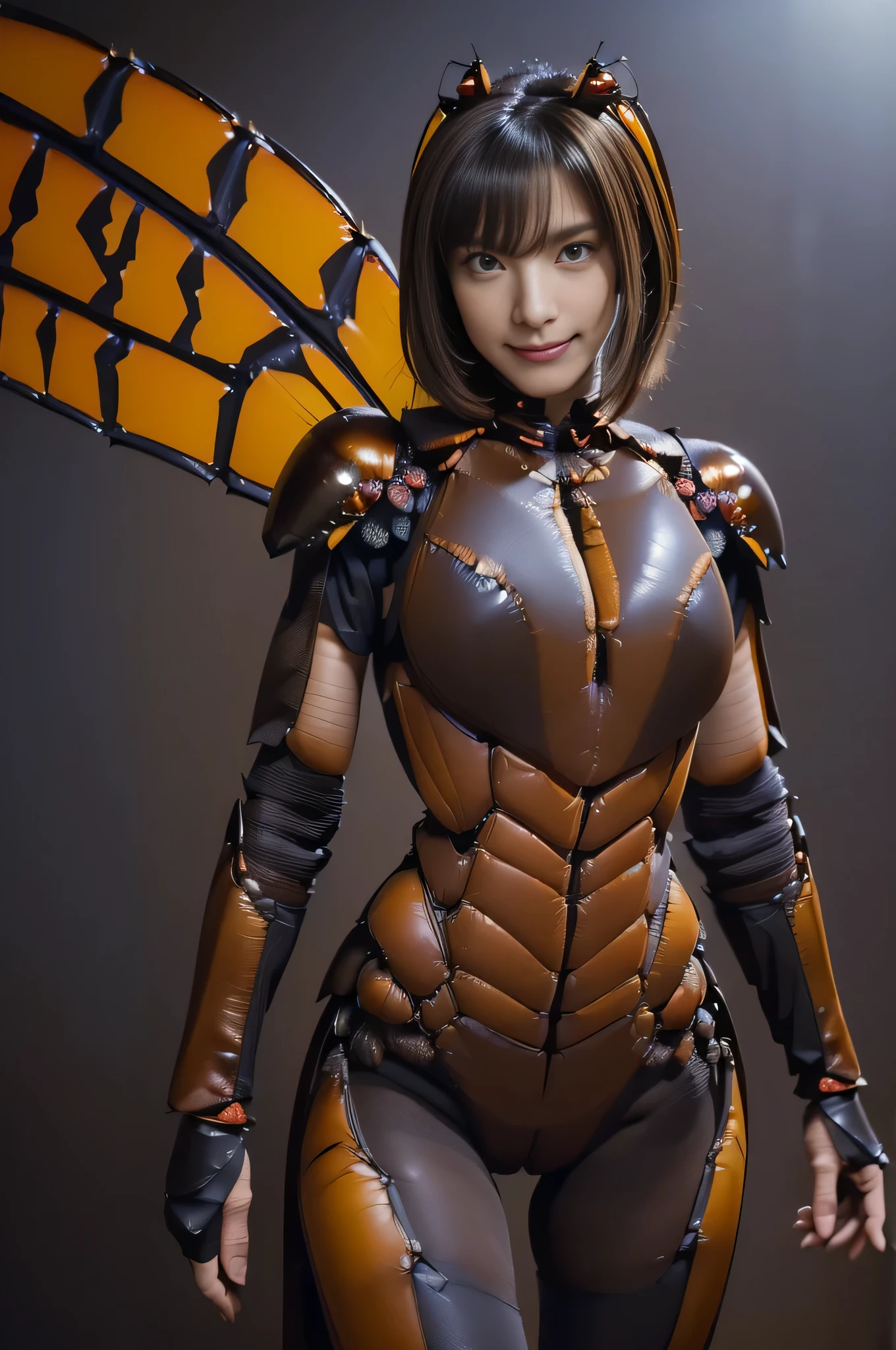 (high resolution,masterpiece,best quality,extremely detailed CG, anime, official art:1.4), realistic, photo, amazing fine details, all intricate, gloss and shiny,awesome many layers, 8k wall paper, 3d, sketch, kawaii, illustration,( solo:1.4), perfect female proportion,villainess, (fusion of dark brown cockroach and lady:1.4), (brown cockroach form lady:1.2), (brown cockroach lady:1.2), (fusion:1.2), (solo:1.4), (evil smile:1.2), muscular, abs, (cockroach brown exoskeleton bio insect suit:1.4), (cockroach brown exoskeleton bio insect armor:1.2), (brown transparency cockroach wing:1.4), (brown cockroach antennae:1.3),