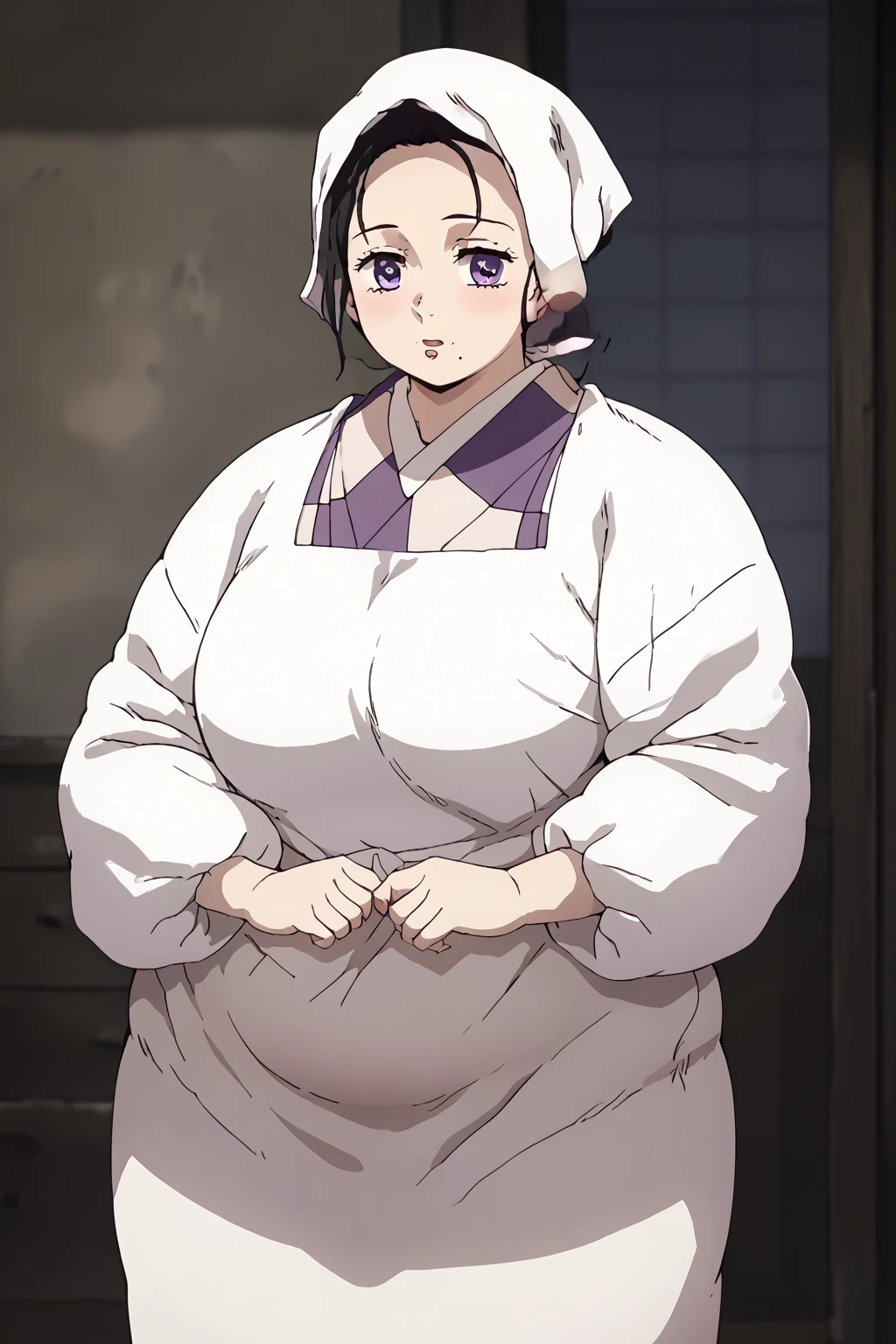  Kamado Aoie , Kamado Kie ,  mature woman, 1 girl,Alone,  purple eyes , black hair,Mole under the mouth , head scarf,kimono,Japanese clothing, apron,Kappo, score_9,   score_8_up,   score_7_up,   score_6_up,   score_5_up,   score_4_up,     masterpiece   ,   top quality,     very aesthetic ,    absurd,    source_Anime, Anime screencap,    one woman , Alone,   personal   ,  Super huge breasts, ((( super huge clevis, Super huge , Super huge boob))), Curvy,   chubby ,  Mature Woman,  chubby, ssbbw,   obese ,blush,  troubled expression、 sloppy stomach、Three-section abdomen、Plump belly、I'm worried about belly fat 、 face forward