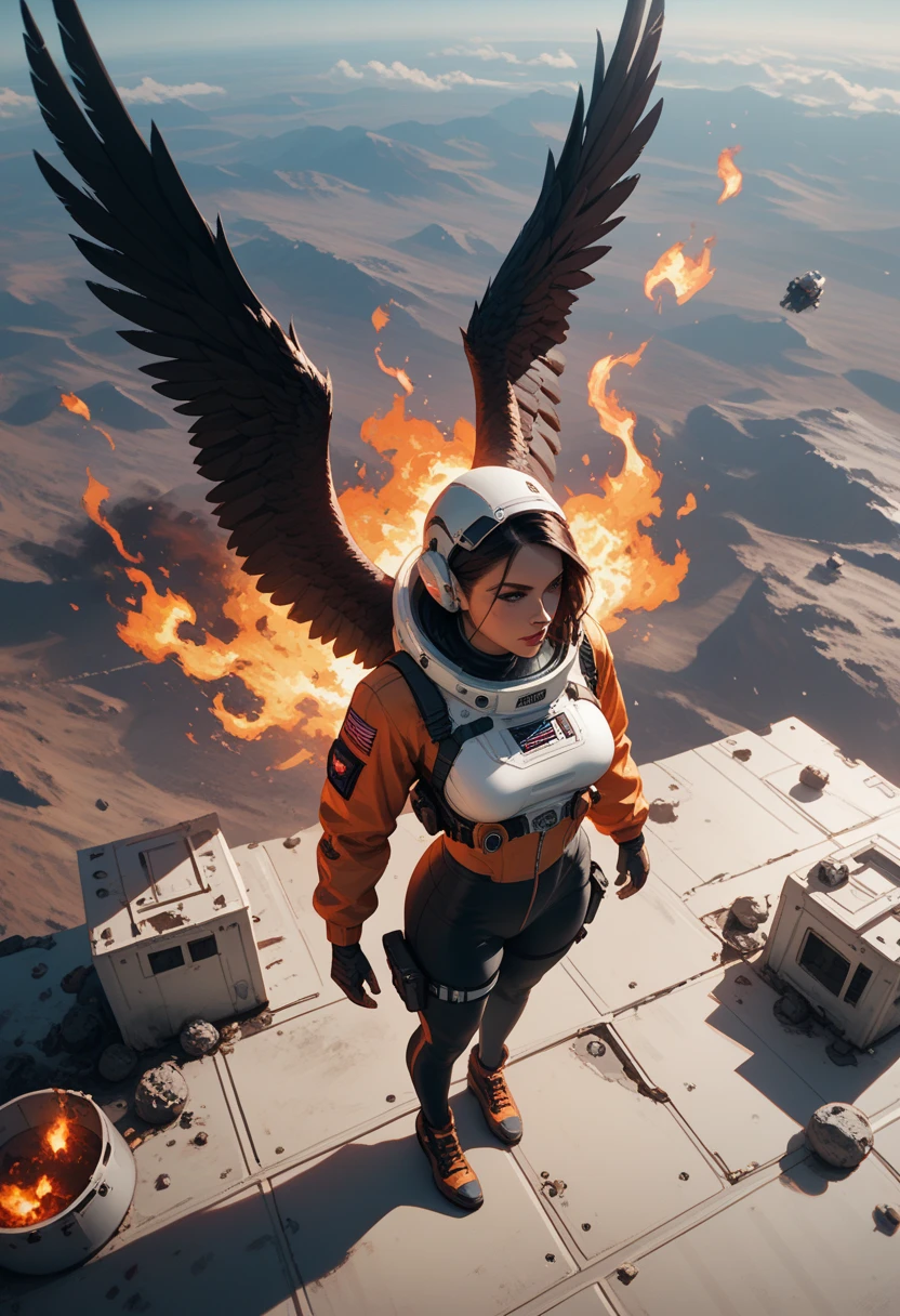 Score_9, score_8_up, score_7_up, 1woman, in free fall, viewed from above, back turned to viewer, looking away from viewer, high altitude view, plummeting head first towards Earth,upside down , the curve of the planet is visible, dressed in modern space suit, ((black wings extend from her back)), (wings are burning and damaged:1.3)