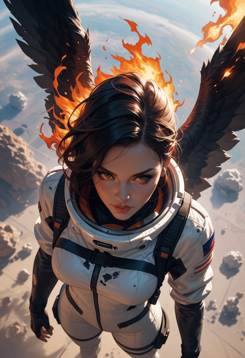 Score_9, score_8_up, score_7_up, 1woman, in free fall, viewed from above, back turned to viewer, looking away from viewer, high altitude view, plummeting head first towards Earth,upside down , the curve of the planet is visible, dressed in modern space suit, ((black wings extend from her back)), (wings are burning and damaged:1.3)