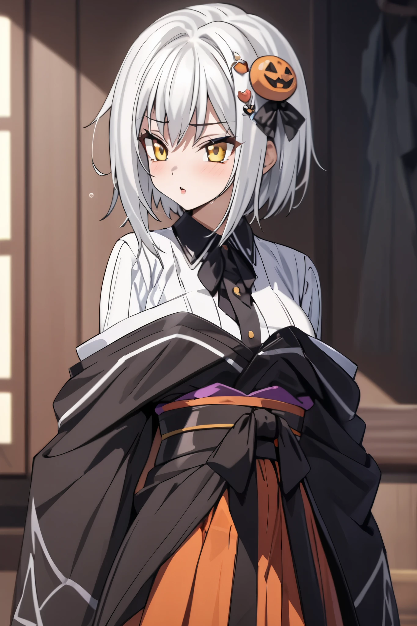 NSFW,masterpiece, top quality , high definition , very detailed,Tacheng Kitten、 short hair、 hair ornament、 yellow eyes、White Hair, Witch Uniform, kimono,Hakama