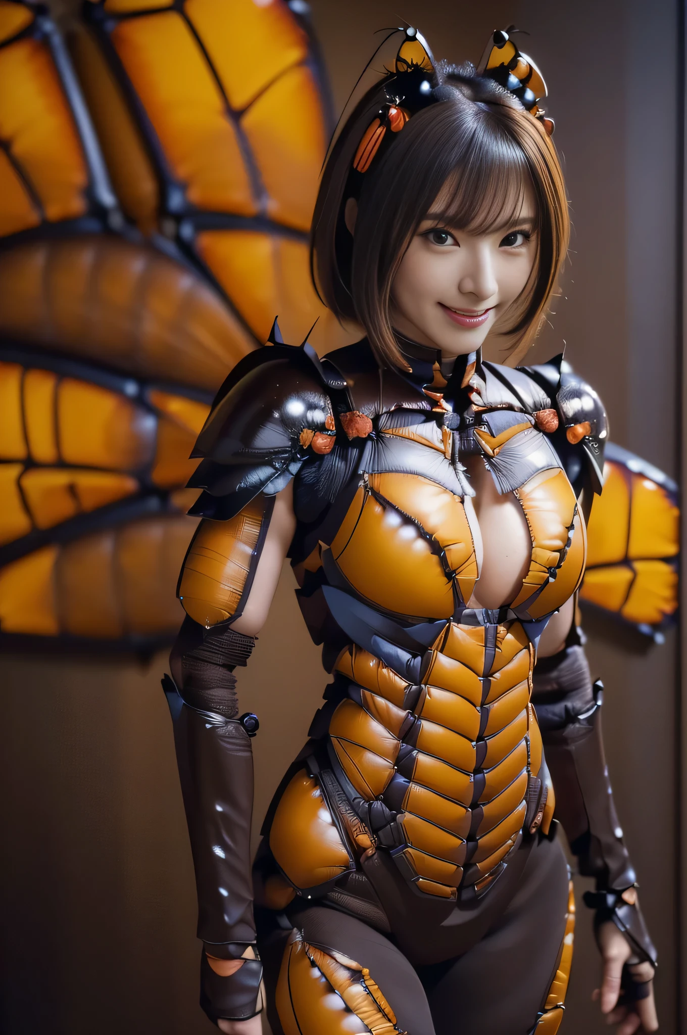 (high resolution,masterpiece,best quality,extremely detailed CG, anime, official art:1.4), realistic, photo, amazing fine details, all intricate, gloss and shiny,awesome many layers, 8k wall paper, 3d, sketch, kawaii, illustration,( solo:1.4), perfect female proportion,villainess, (fusion of dark brown cockroach and lady:1.4), (brown cockroach form lady:1.2), (brown cockroach lady:1.2), (fusion:1.2), (solo:1.4), (evil smile:1.2), muscular, abs, (cockroach brown exoskeleton bio insect suit:1.4), (cockroach brown exoskeleton bio insect armor:1.2), (brown transparency cockroach wing:1.4), (brown cockroach antennae:1.3),