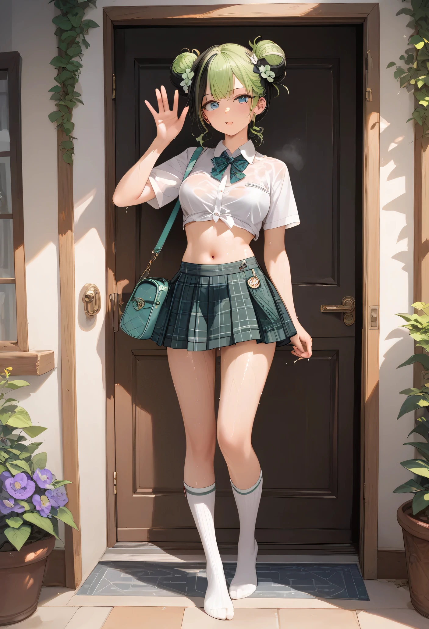 (((Masterpiece , high quality image: 1.5))) full body picture, messy buns, (fading dark green dyed hair) blue eyes, exited expression, shes standing at the door way, 1girl, white cropped shirt with dark green ribbon, Plaid skirt, (white thigh-high socks with dark green flower design). Shoulder bag on the left, waving right hand. ((Sweaty, wet from sweat: 1.3)), (slim) slender, medium breast, navel, (detailed Face), (((anatomically correct body: 1.5))), (modern)