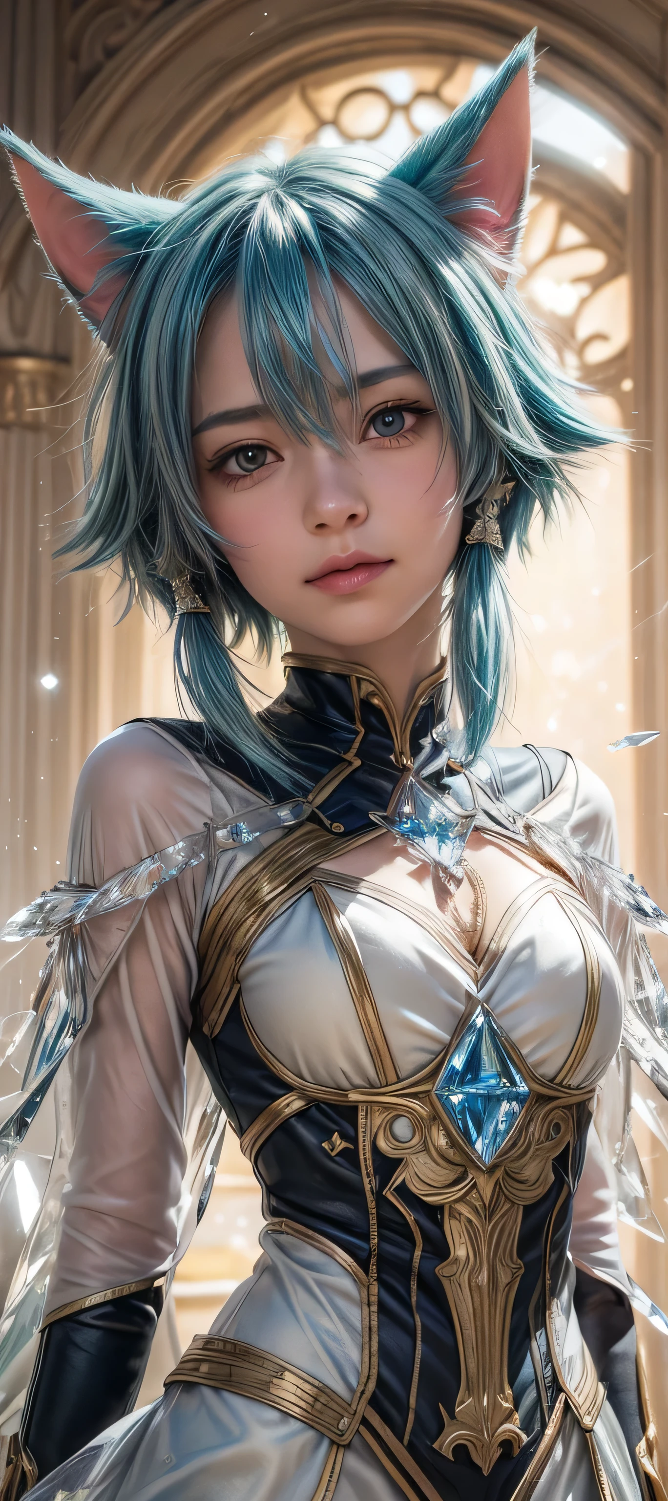 masterpiece, best quality, (realistic,photo-realistic:1.4), (RAW photo:1.2), extremely detailed CG unity 8k wallpaper, delicate and beautiful, amazing,finely detail, official art, absurdres, incredibly absurdres, huge filesize, ultra-detailed,extremely detailed eyes and face,light on face,sinon,(little smile),(short hair:1.4),(crystal dress:1.5),(sparking crystal background:1.4),(sidelocks:1.4),(blue hair:1.4),cat ears