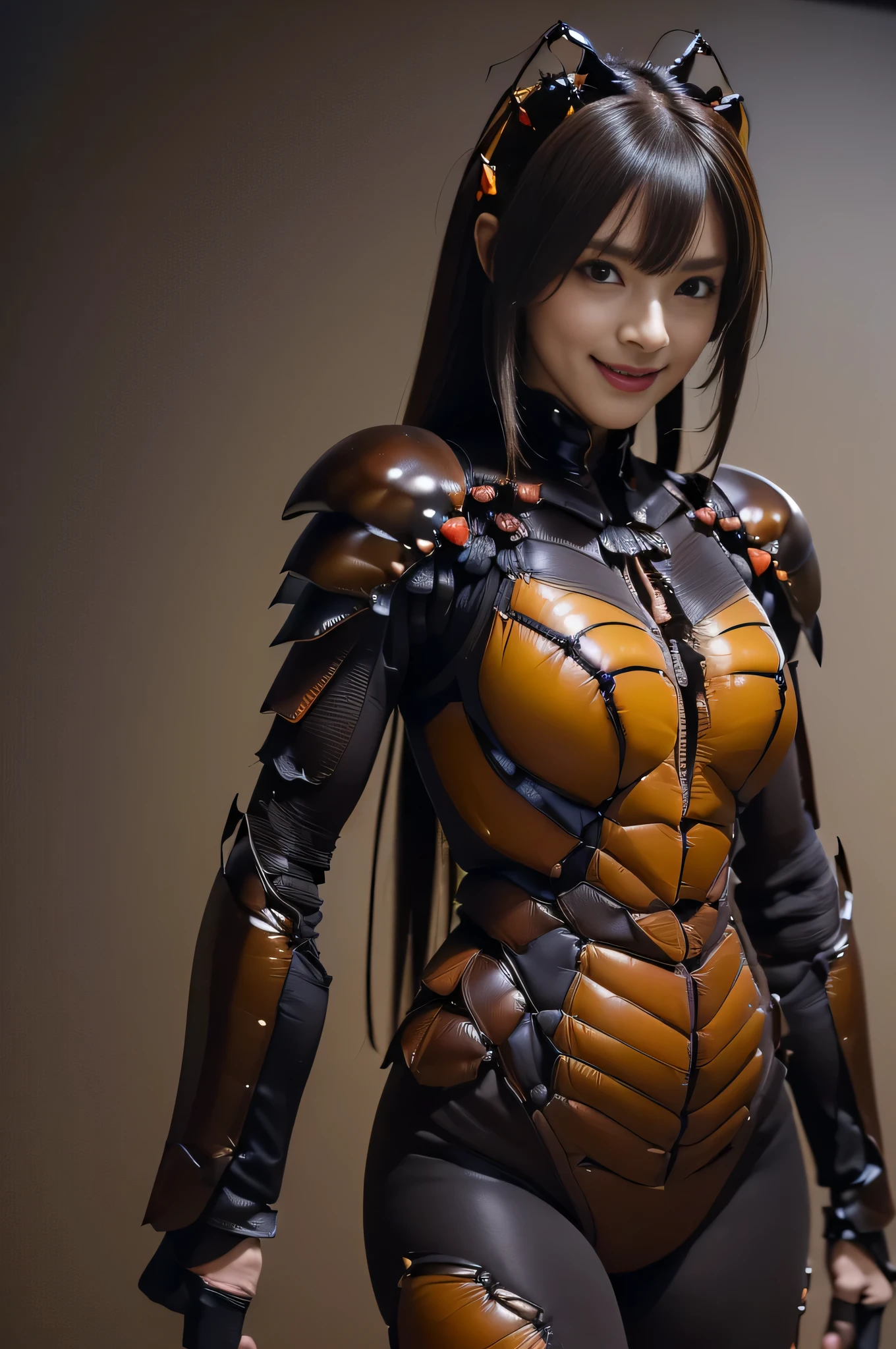 (high resolution,masterpiece,best quality,extremely detailed CG, anime, official art:1.4), realistic, photo, amazing fine details, all intricate, gloss and shiny,awesome many layers, 8k wall paper, 3d, sketch, kawaii, illustration,( solo:1.4), perfect female proportion,villainess, (fusion of dark brown cockroach and lady:1.4), (brown cockroach form lady:1.2), (brown cockroach lady:1.2), (fusion:1.2), (solo:1.4), (evil smile:1.2), muscular, abs, (cockroach brown exoskeleton bio insect suit:1.4), (cockroach brown exoskeleton bio insect armor:1.2), (brown transparency cockroach wing:1.4), (brown cockroach antennae:1.3),