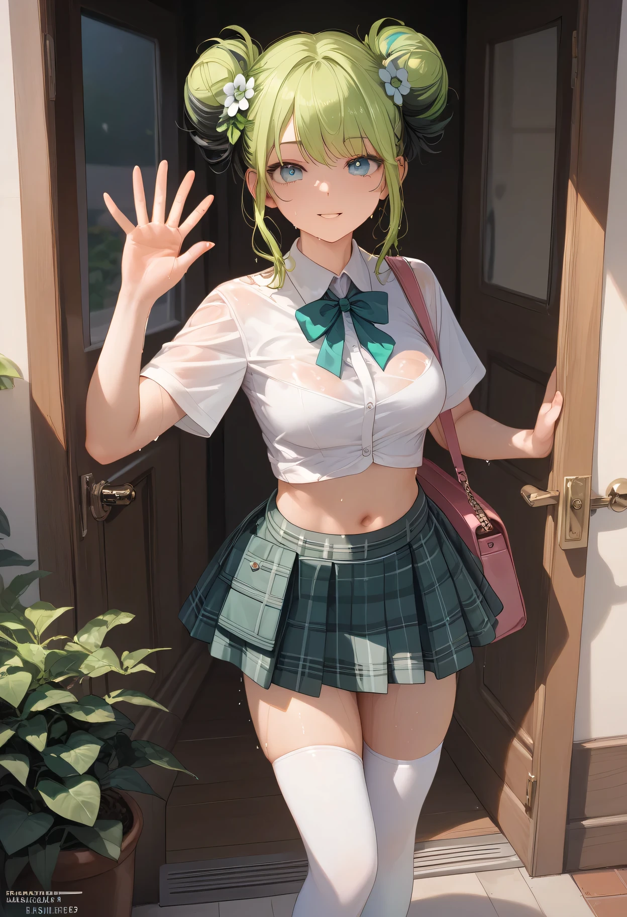 (((Masterpiece , high quality image: 1.5))) full body picture, messy buns, (fading dark green dyed hair) blue eyes, exited expression, shes standing at the door way, 1girl, white cropped shirt with dark green ribbon, Plaid skirt, (white thigh-high socks with dark green flower design). Shoulder bag on the left, waving right hand. ((Sweaty, wet from sweat: 1.3)), (slim) slender, medium breast, navel, (detailed Face), (((anatomically correct body: 1.5)))