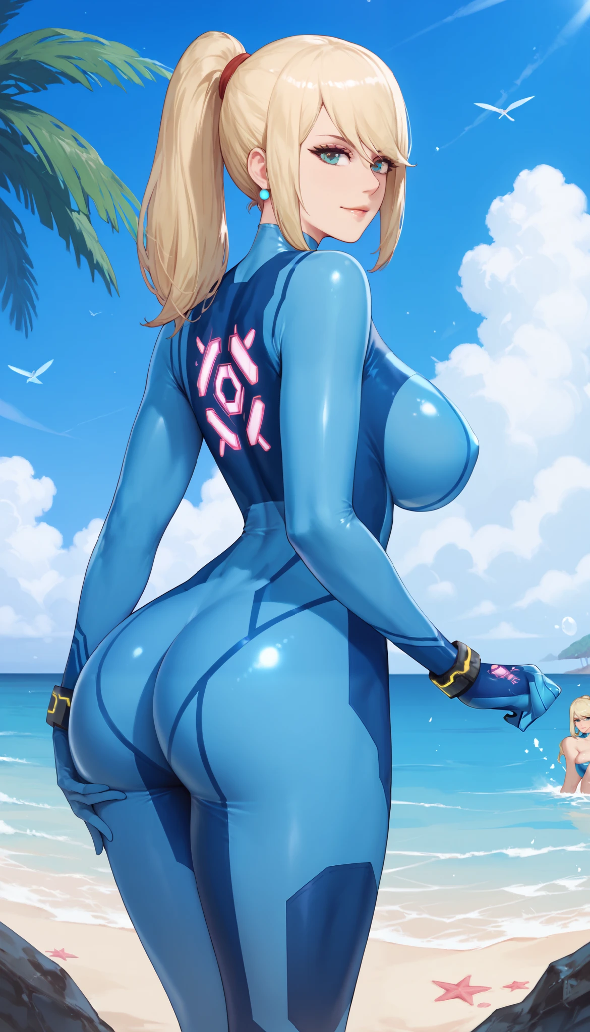 score_9,score_8_up,score_7_up,score_6_up,score_5_up,alienquestellen,short hair,blonde hair,curvy,huge breasts,bubble butt,ass visible through thighs,outdoors,beach, smile closed mouth ring earring locking at viewer large breasts huge breasts , , , samus aran, zero suit, bodysuit, samus_aran, skin tight, zero zuit