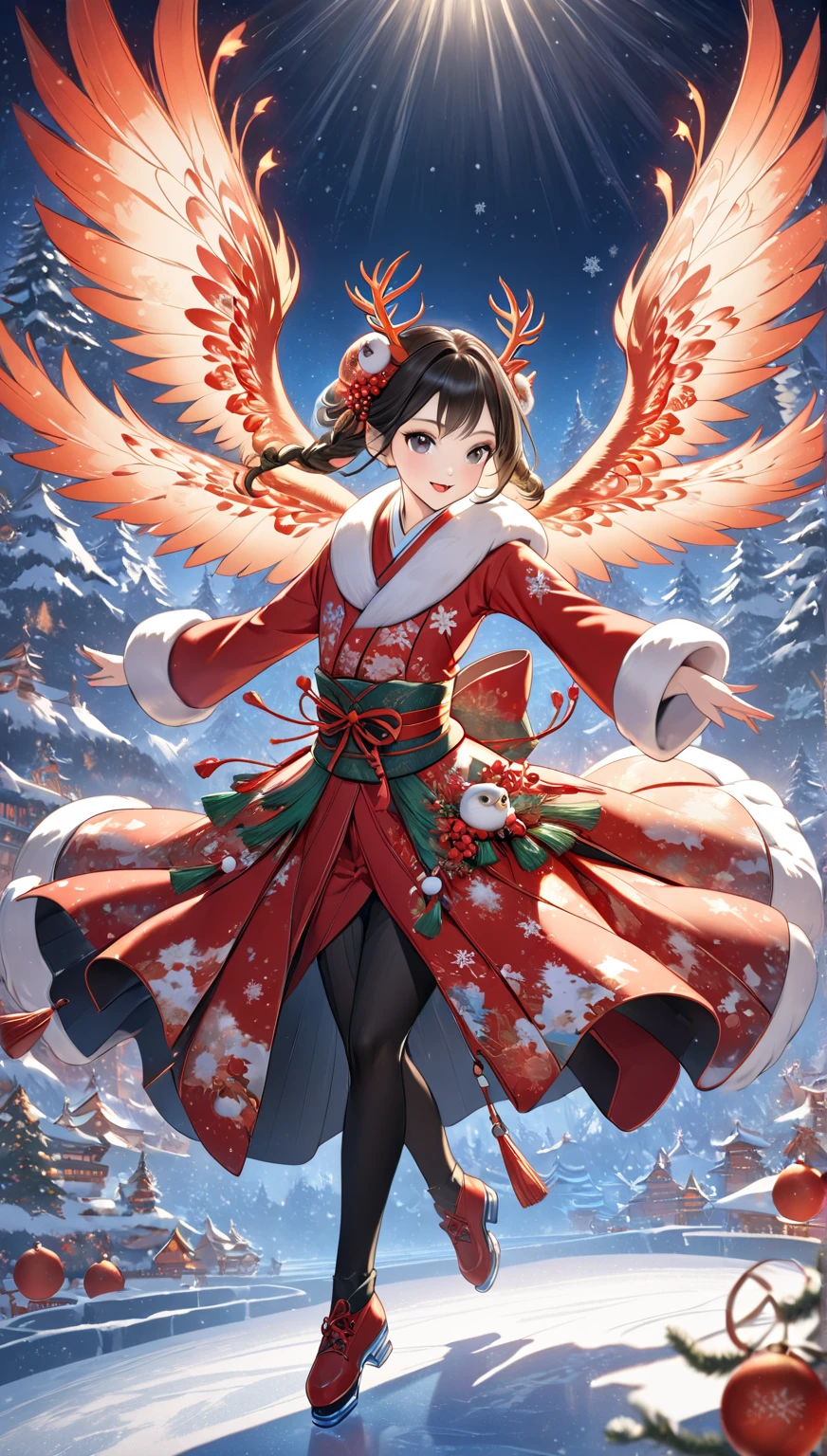 masterpiece  :1.2，  christmas illustration， ((Dancing on ice  ))，    Fantasy World ,     Japanese Style  , ((Incarnation of Fire:1.1))，     Details，  Christmas Winter Scenery ，An owl is flapping its wings   ，  amazing  ，  professional photos    ，