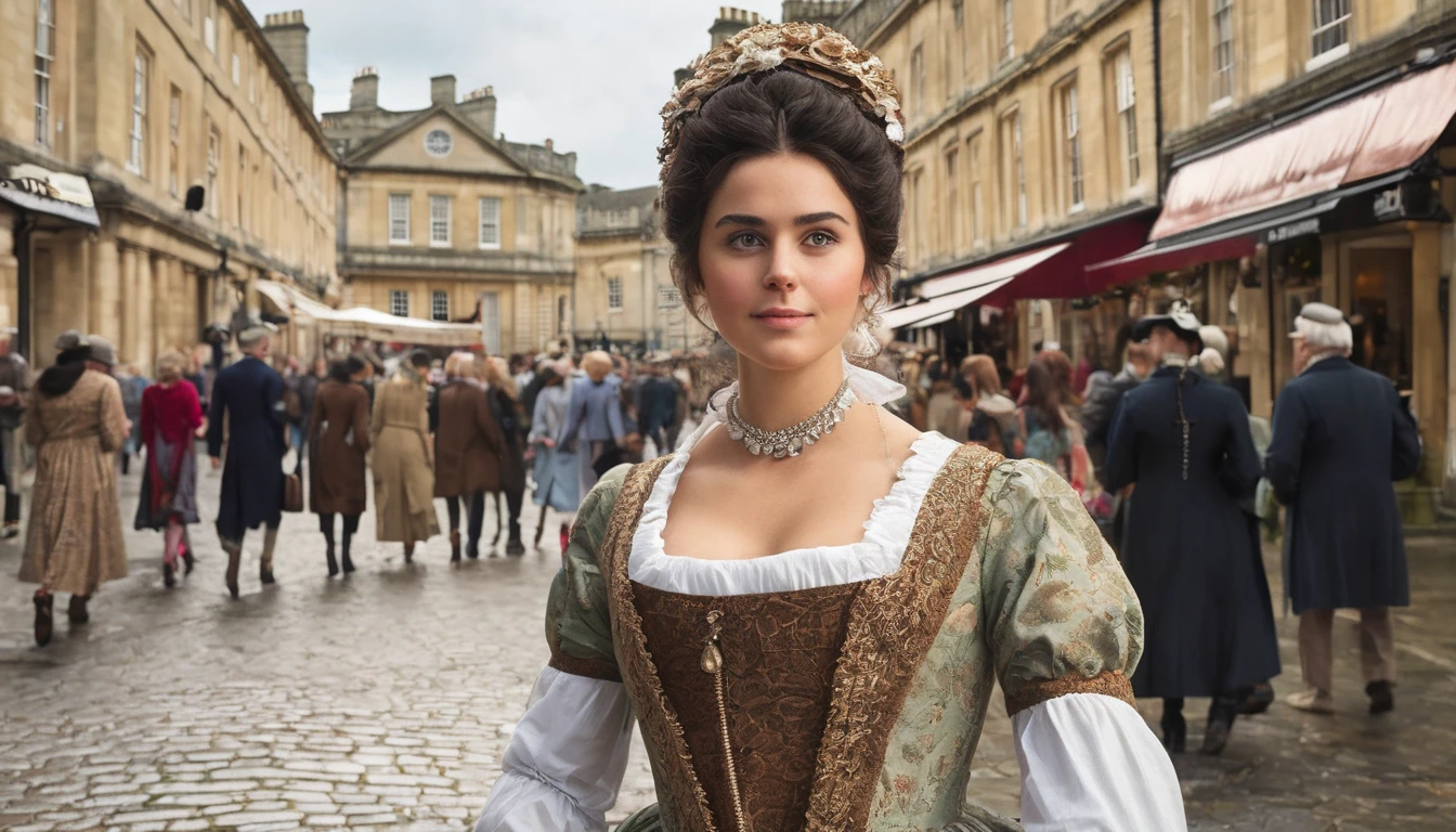 A young woman dressed in Regency-era attire, standing in the elegant streets of Bath, England. The scene features Georgian architecture, a lively marketplace, and people strolling in period clothing