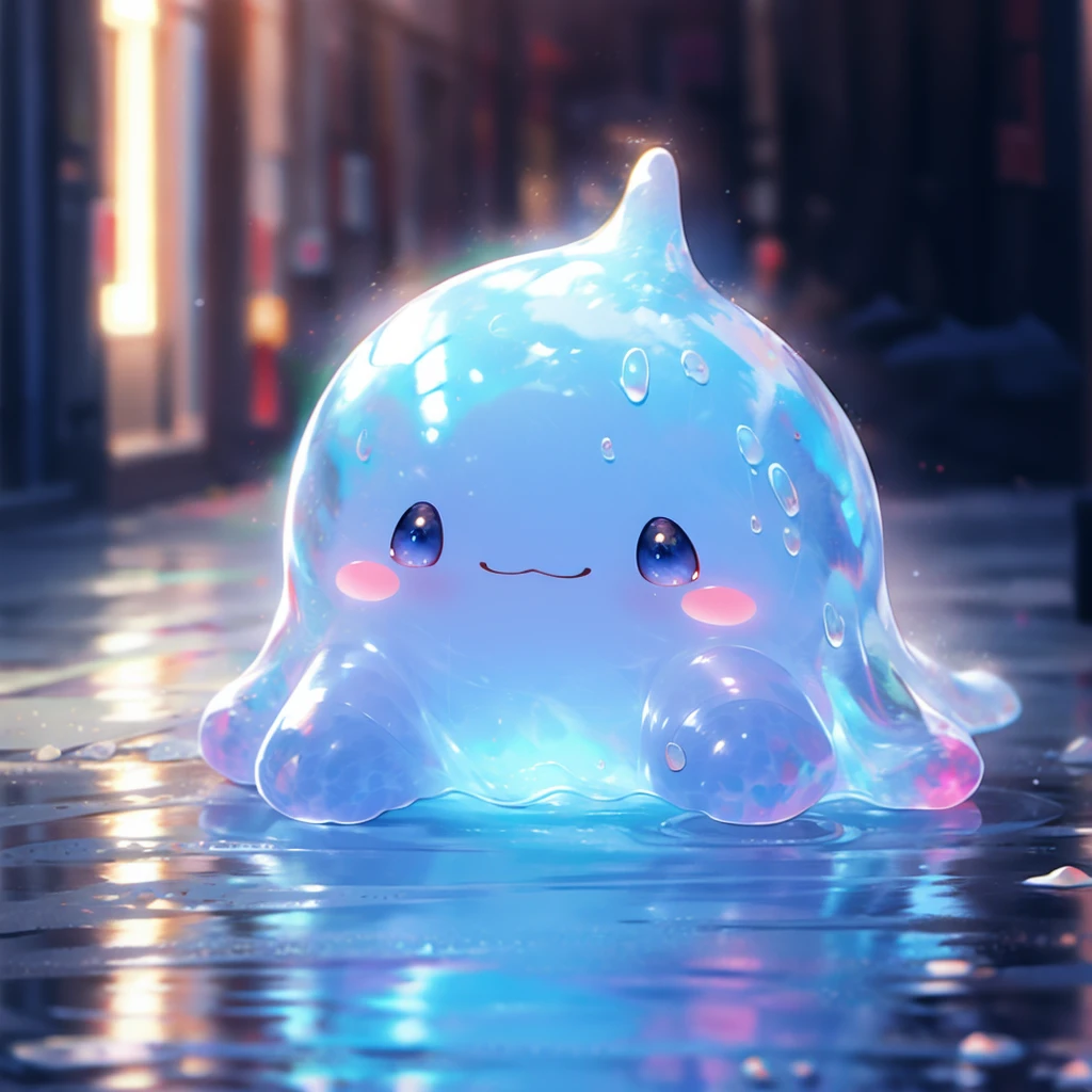 A shiny blue and purple slime, cute face,vibrant and translucent texture, slime stretching and squishing, detailed, mesmerizing patterns and swirls, sparkling and reflecting light, satisfying to touch and play with, high-res masterpiece, vivid colors, illuminated with soft studio lighting.