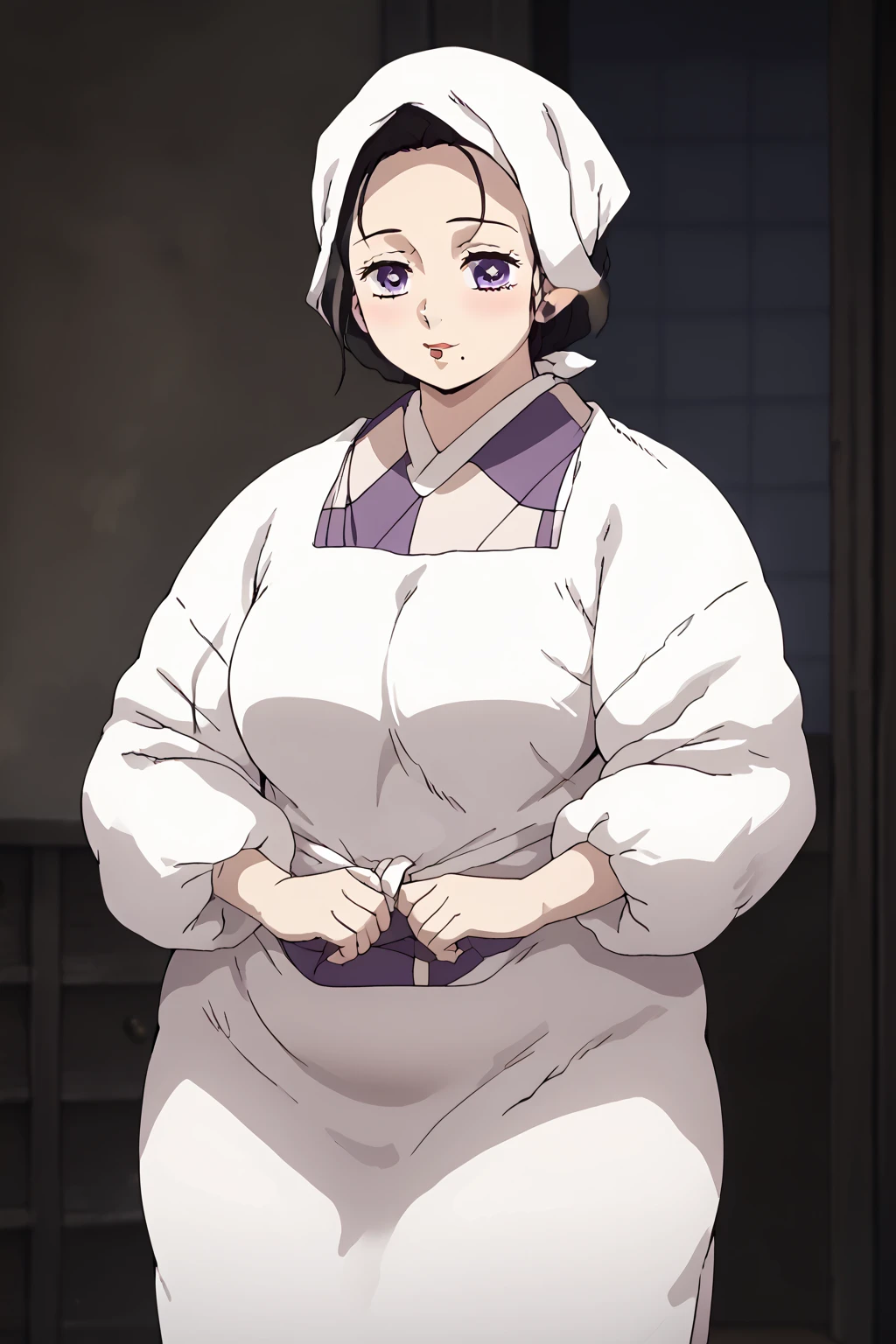  Kamado Aoie , Kamado Kie ,  mature woman, 1 girl,Alone,  purple eyes , black hair,Mole under the mouth , head scarf,kimono,Japanese clothing, apron,Kappo, score_9,   score_8_up,   score_7_up,   score_6_up,   score_5_up,   score_4_up,     masterpiece   ,   top quality,     very aesthetic ,    absurd,    source_Anime, Anime screencap,    one woman , Alone,   personal   ,  Super huge breasts, ((( super huge clevis, Super huge , Super huge boob))), Curvy,   chubby ,  Mature Woman,  chubby, ssbbw,   obese ,blush,  troubled expression、 sloppy stomach、Three-section abdomen、Plump belly、I'm worried about belly fat 、 face forward