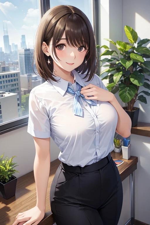 my grandmother、 Shiny chestnut hair , short hair , ( Pretty Brown Eyes 、 sparkling eyes , Fine grain)、smile、 super detailed eyes、 very detailed face,  very detailed eyes,(masterpiece:1.3),  cowboy shot, (Only one woman, Alone)、nsfw,



In an office environment、 A young woman in a black business suit and white shirt is standing and smiling in an office environment。The employee ID card is hanging from his chest..、In the background、I can see the cityscape from my desk and the office window.。 bright office lighting and green plants brighten the mood.、Be professional yet friendly。