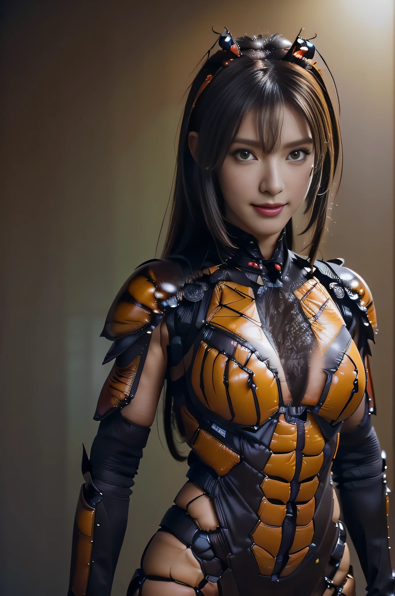 (high resolution,masterpiece,best quality,extremely detailed CG, anime, official art:1.4), realistic, photo, amazing fine details, all intricate, gloss and shiny,awesome many layers, 8k wall paper, 3d, sketch, kawaii, illustration,( solo:1.4), perfect female proportion,villainess, (fusion of dark brown cockroach and lady:1.4), (brown cockroach form lady:1.2), (brown cockroach lady:1.2), (fusion:1.2), (solo:1.4), (evil smile:1.2), muscular, abs, (cockroach brown exoskeleton bio insect suit:1.4), (cockroach brown exoskeleton bio insect armor:1.2), (brown transparency cockroach wing:1.4), (brown cockroach antennae:1.3),