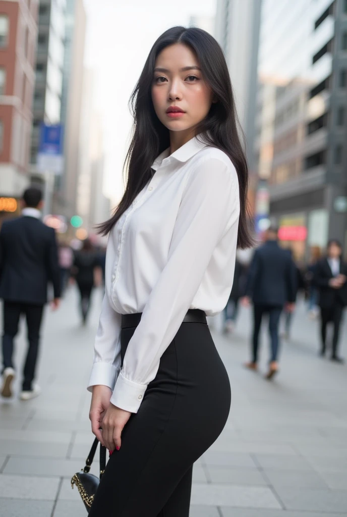 Create a portrait of a 24-year-old Asian woman, Elena Li, standing in a modern urban setting in Moscow. She has striking Asian features—almond-shaped dark brown eyes, high cheekbones, and sleek, straight black hair that falls just past her shoulders. Elena’s petite yet toned figure is accentuated by her carefully curated wardrobe, designed to fit European and Western beauty standards. She wears a tailored blouse, perfectly fitted in crisp white, tucked into a high-waisted pencil skirt that hugs her figure, and completes the look with sleek, black high heels. The color palette is bold yet professional—sharp blacks, whites, and a hint of red in her lipstick, which contrasts against her light olive skin. Her makeup is minimalistic, focusing on a polished and chic aesthetic that reflects Russian fashion trends, with an understated, elegant touch.

Her posture is confident and controlled, as she stands with one hand casually holding a designer handbag, the other resting by her side. Her expression is serious, her eyes calm but watchful, reflecting the self-assured, cold exterior she presents to the world. Behind her, the bustling streets of Moscow create a backdrop of busy commuters and tall, imposing buildings, emphasizing her desire to fit into this fast-paced, modern life. A subtle sense of tension is present in her gaze, hinting at her internal conflict and insecurities, particularly her struggles with cultural identity and her efforts to reject her Chinese heritage.

The lighting should highlight the sleekness of her appearance, emphasizing the polished, almost flawless exterior she maintains to blend into Russian and Western culture. However, there should also be a sense of detachment in her posture, as though she’s striving for approval from the world around her, while hiding her insecurities deep beneath the surface.