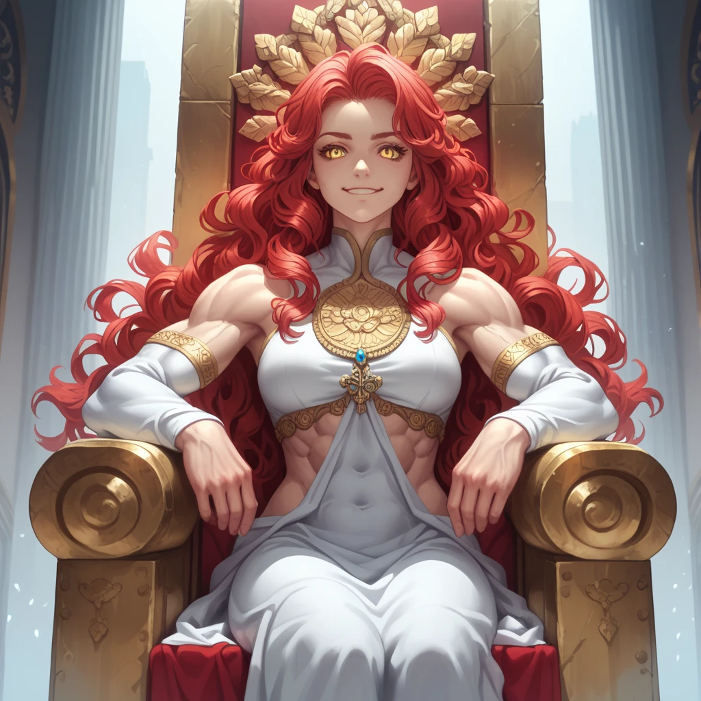 Mavuika, Woman 1, Detail,  long hair,  red hair,  wavy hair , breasts, breasts grandes, muscular, Russian facial features,  Abdominals ,  yellow eyes , perspective, imposing look,  calm look 'simple background ,  a white hooded gown Greek style, thin chin, sitting on a Heavenly throne , smile 