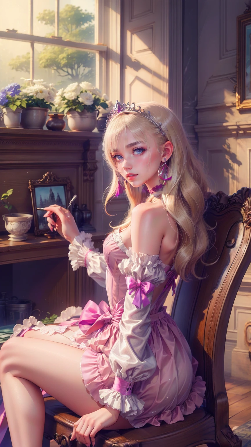 (8k,  top quality,   masterpiece  : 1.2),    super high definition  ,,    Marie Antoinette   ,    super detailed face ,fine grain,    only the entrance to the castle's basement   ,( blonde alone  ),   long hair,    wave hair  , break,Rococo Ruffle Dress, long sleeve dress,   a long skirt dress placed on a wooden boat   ,    Baroque Dress    ,     intricate fantasy dress    , Luxurious and glamorous dress   ,     romantic dress,   Frilled Costume   ,lottery, Data Style,   Formal wear, Fancy Fashion, palate colors include    pink and white,(   pink:1.5),Class A Smile, Gold Tiara ,     necklace  ,  sit in a luxurious chair,     you have to tie your hands to your back     ,(    rainbow light    :1.4),,   Profile of a person looking out of a window    ,   The window reflects a rose bush    ,(Inside Victoria Palace)、Her eyes are shining、 now her blonde alone 's hair extends to her waist 、Rose-colored gradation and three, 薄い   pinkのロック. 彼女は花柄の装飾が施された Gold Tiara を着用し、    Matching earrings        , white flower choker. 彼女は金色のボタンで縁取られたフリル付きの白いストライプの   pinkのトップを着ている,    The white sleeves are in the shape of a bud    ..     a dress with a magenta ribbon flowing out of her chest    ..、 Behind her neck   、Matching chest piece, Decorated with flowers.    her frill skirt is separated by a white line   ,    a dress with a large magenta ribbon   、Decorated with gold,       There is a small ribbon on the back      . Her mini skirt、薄い   pinkのマゼンタの貝殻状の裏地と白い花のペチコートでできている. 彼女は   pinkの花がついた白い手袋も着用している, 白と薄い   pinkの靴には、ゆるいカフとDecorated with flowersたマゼンタのリボンがある.
