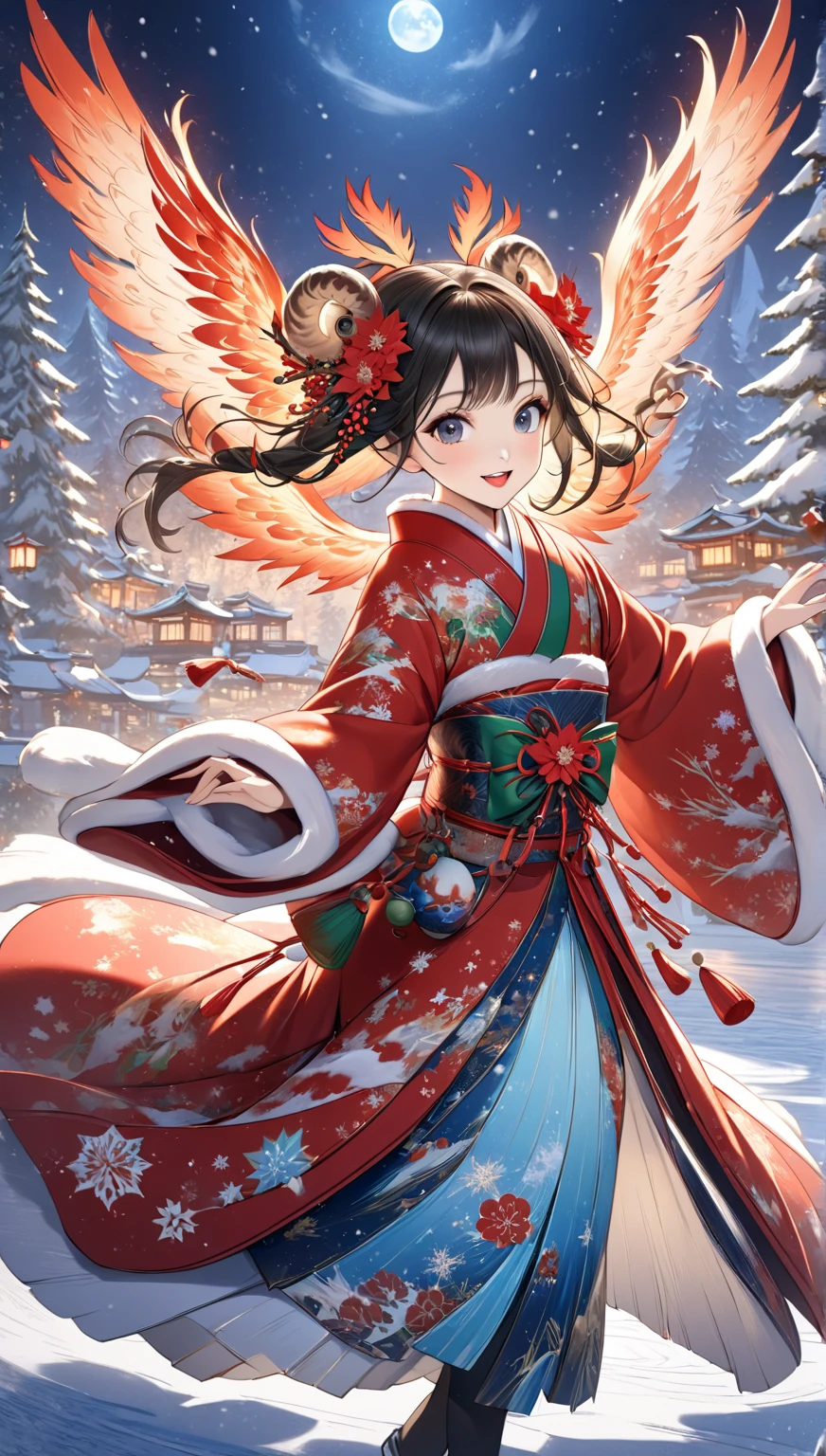 masterpiece  :1.2，  christmas illustration， ((Dancing on ice  ))，    Fantasy World ,     Japanese Style  , ((Incarnation of Fire:1.1))，     Details，  Christmas Winter Scenery ，An owl is flapping its wings   ，     amazing  ，     professional photos    ，