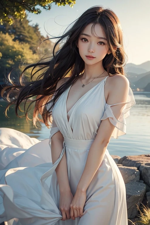 a beautiful young woman with hippie-style hair and dress, detailed eyes and lips, cinematic 8K resolution, photorealistic, shine body
