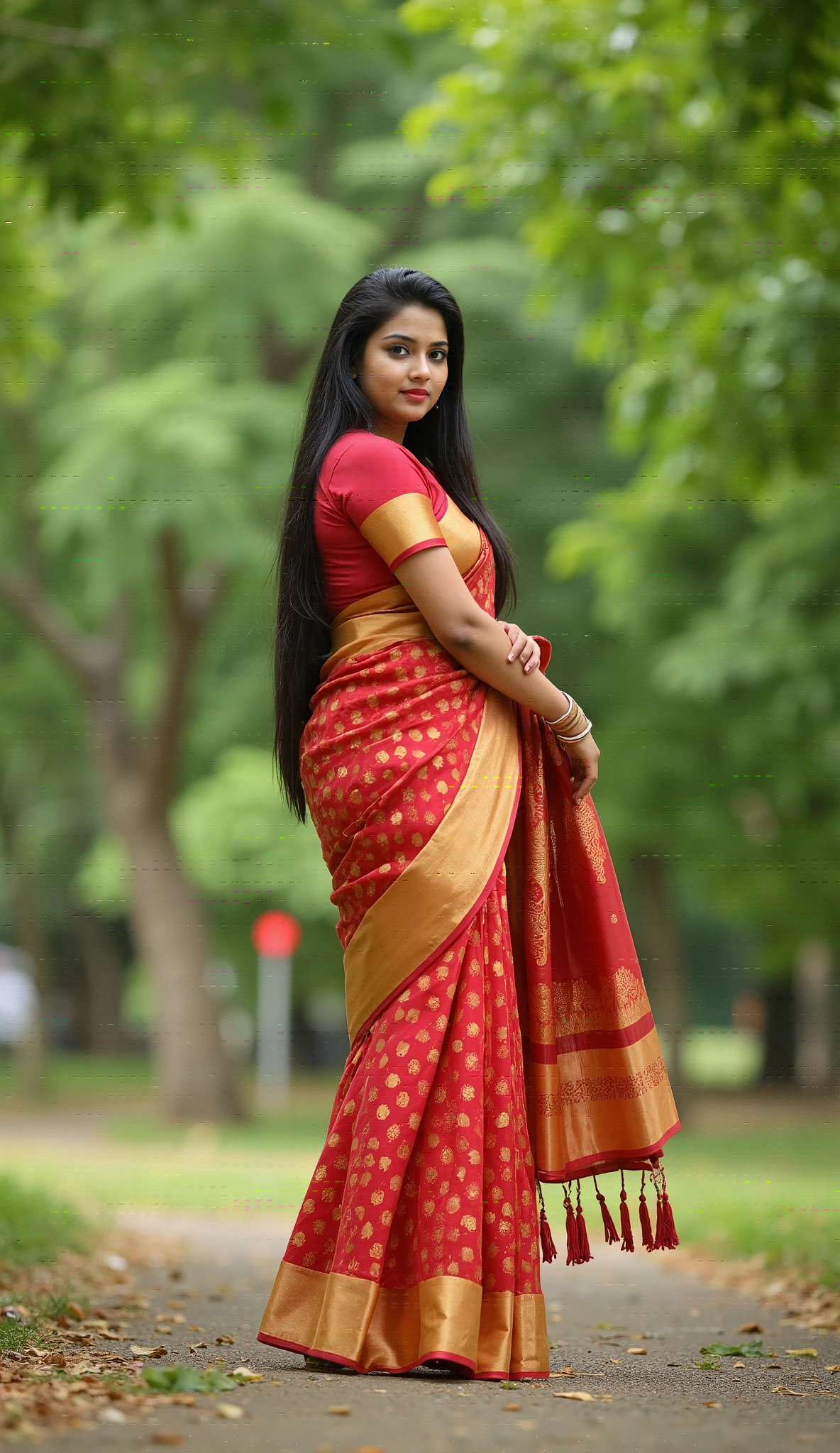A woman in a red and gold sari standing on a path - SeaArt AI