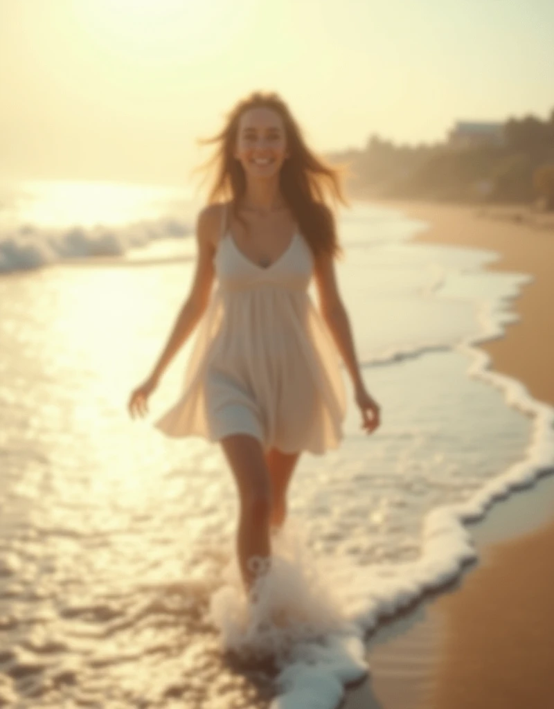 Generate an aesthetically pleasing and visually stunning image of the most beautiful blonde girl on the internet. She should have striking green eyes and be tall, standing at 1.72 meters. The facial expression should exude calmness and serenity. Dress her in an elegant red dress. The backdrop of the scene should be a vibrant beach party, capturing the excitement and joy of the celebration. Pay attention to realistic details, such as the girl's posture, the flow of her dress, and the dynamic atmosphere of the beach party. Create an image that radiates beauty, sophistication, and a carefree beach party vibe