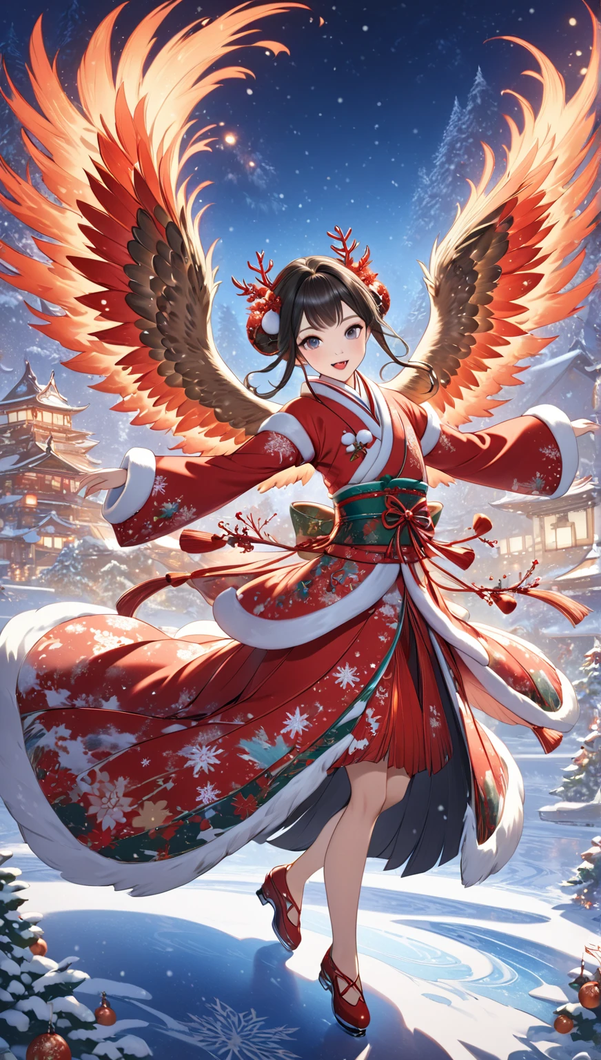 masterpiece  :1.2，  christmas illustration， ((Dancing on ice  ))，    Fantasy World ,     Japanese Style  , ((Incarnation of Fire:1.1))，     Details，  Christmas Winter Scenery ，An owl is flapping its wings   ，     amazing  ，     professional photos    ，