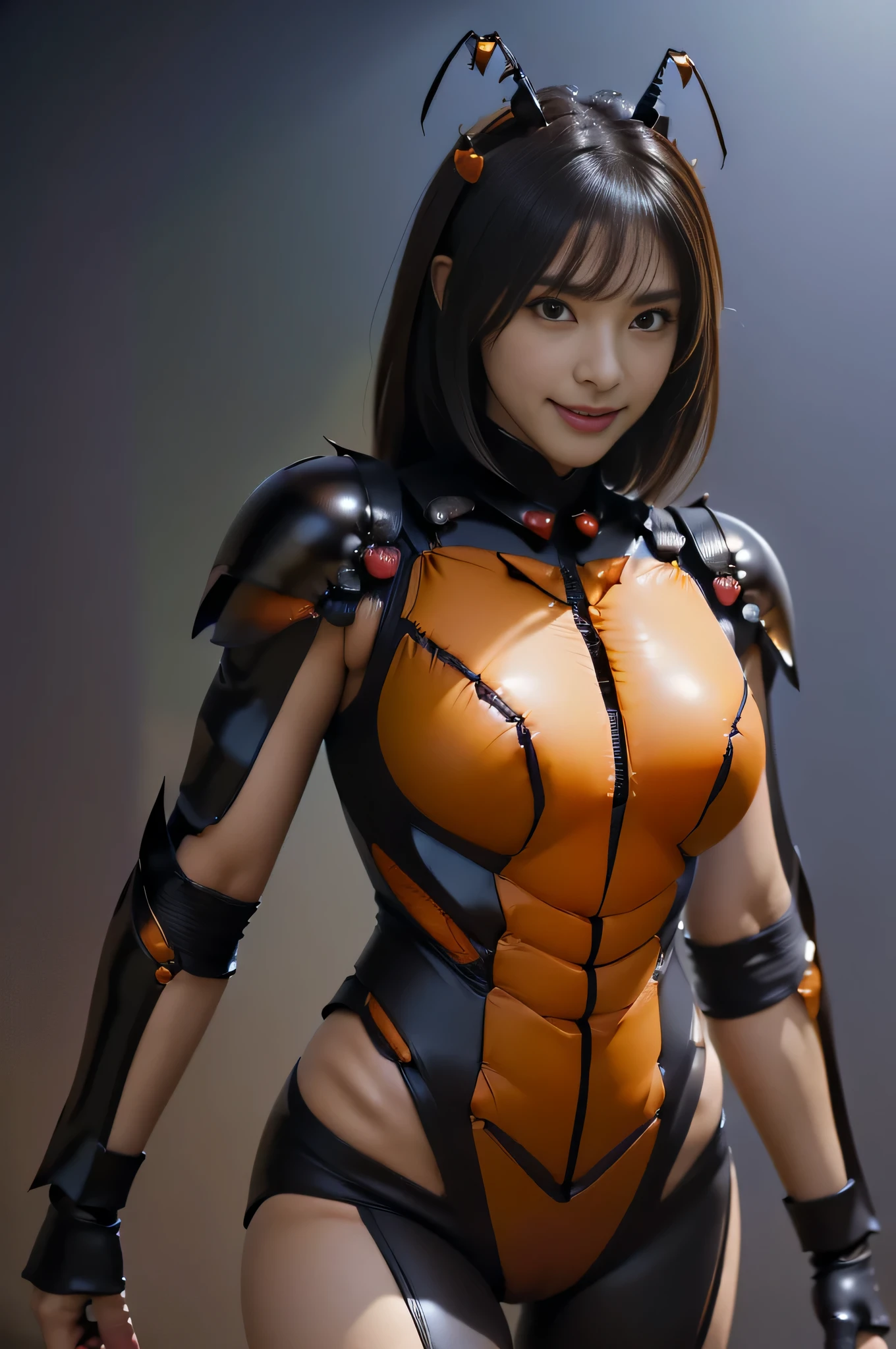 (high resolution,masterpiece,best quality,extremely detailed CG, anime, official art:1.4), realistic, photo, amazing fine details, all intricate, gloss and shiny,awesome many layers, 8k wall paper, 3d, sketch, kawaii, illustration,( solo:1.4), perfect female proportion,villainess, (fusion of dark brown cockroach and lady:1.4), (brown cockroach form lady:1.2), (brown cockroach lady:1.2), (fusion:1.2), (solo:1.4), (evil smile:1.2), muscular, abs, (cockroach brown exoskeleton bio insect suit:1.4), (cockroach brown exoskeleton bio insect armor:1.2), (brown transparency cockroach wing:1.4), (brown cockroach antennae:1.3),