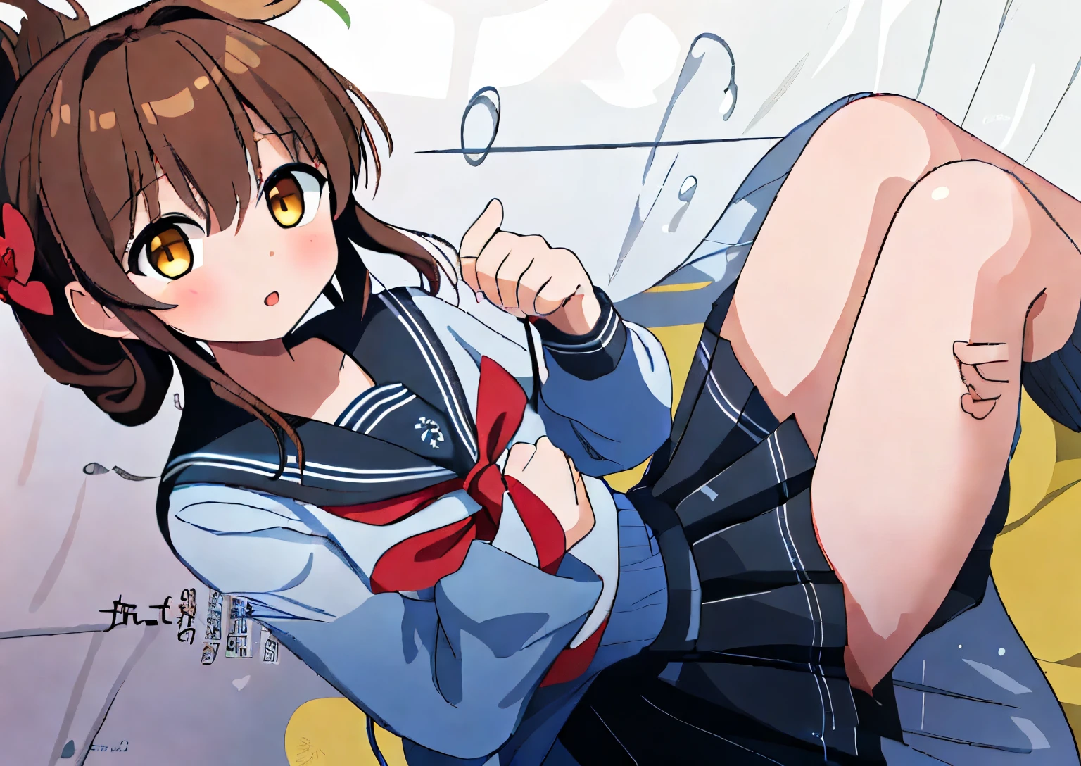 (masterpiece, best quality:1.2),illustration,8k,hd,1girl,solo,upper body,(portrait:1.2),brown_hair,folded_ponytail,brown_eyes,serafuku,long_hair,school_uniform,skirt,pleated_skirt,