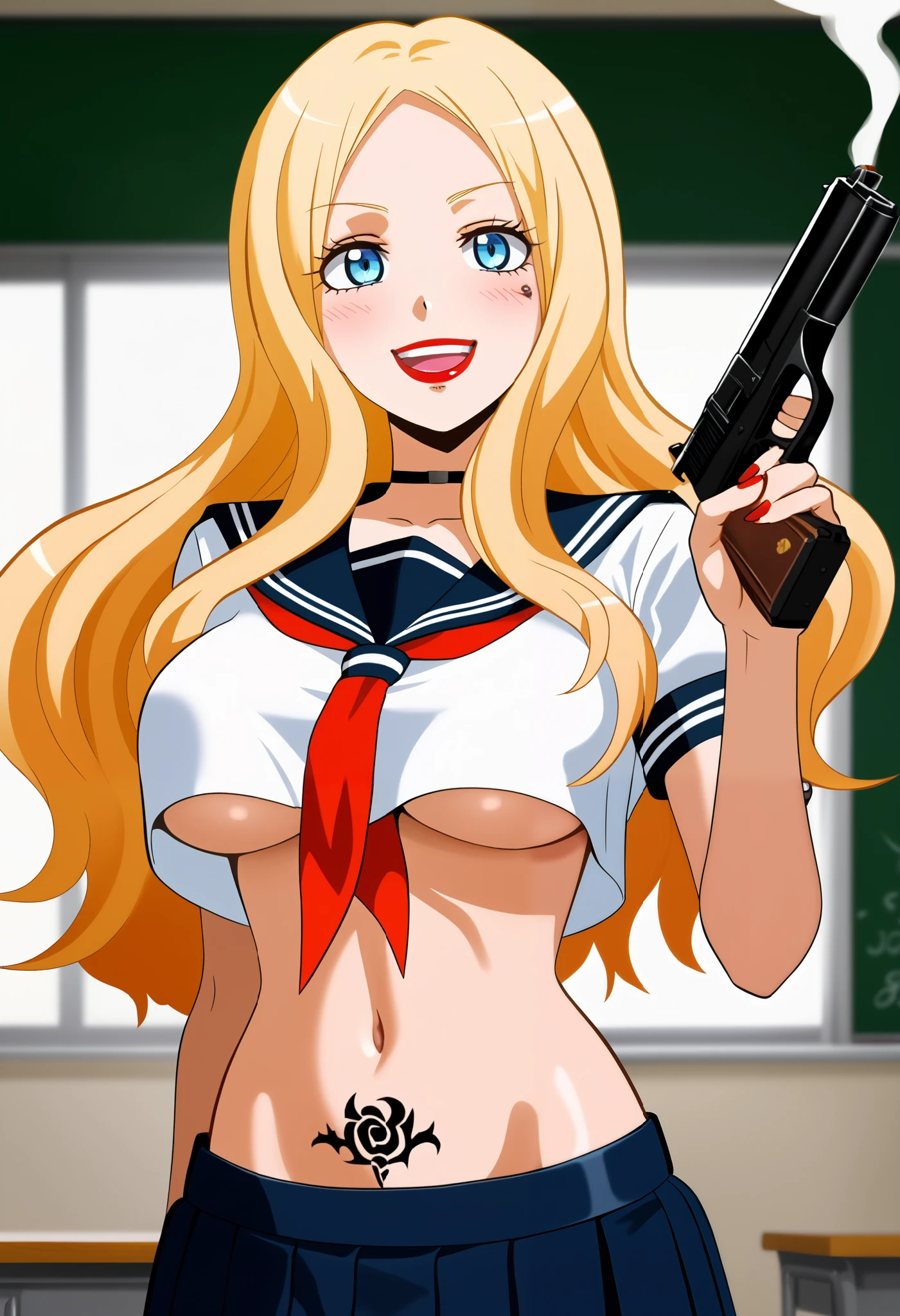 aairina, long hair, parted bangs, blue eyes, choker, red lips, large breasts, ear piercing, long hair, blush, lipstick,Hot girl, baddie, smoking, sensual, attractive, masterpiece, best quality, highly detailed, a anime girls in sailor uniforms with a gun posing for a picture,
evil smile, smile, open mouth,black_serafuku, ecchi anime style, anime girls , (nsfw) not safe for work,
ecchi style, ecchi, shipgirls, digital anime art!!, high school girls, holding a gun, hold a gun, anime style 4
k, micro skirt, exposed belly, exposed navel, exposed midriff, holding pistol,underboob,
exposed lower belly,school, classroom,, tattoo on body, dragon tattoo, tattoo midriff, rose tattoo,, 