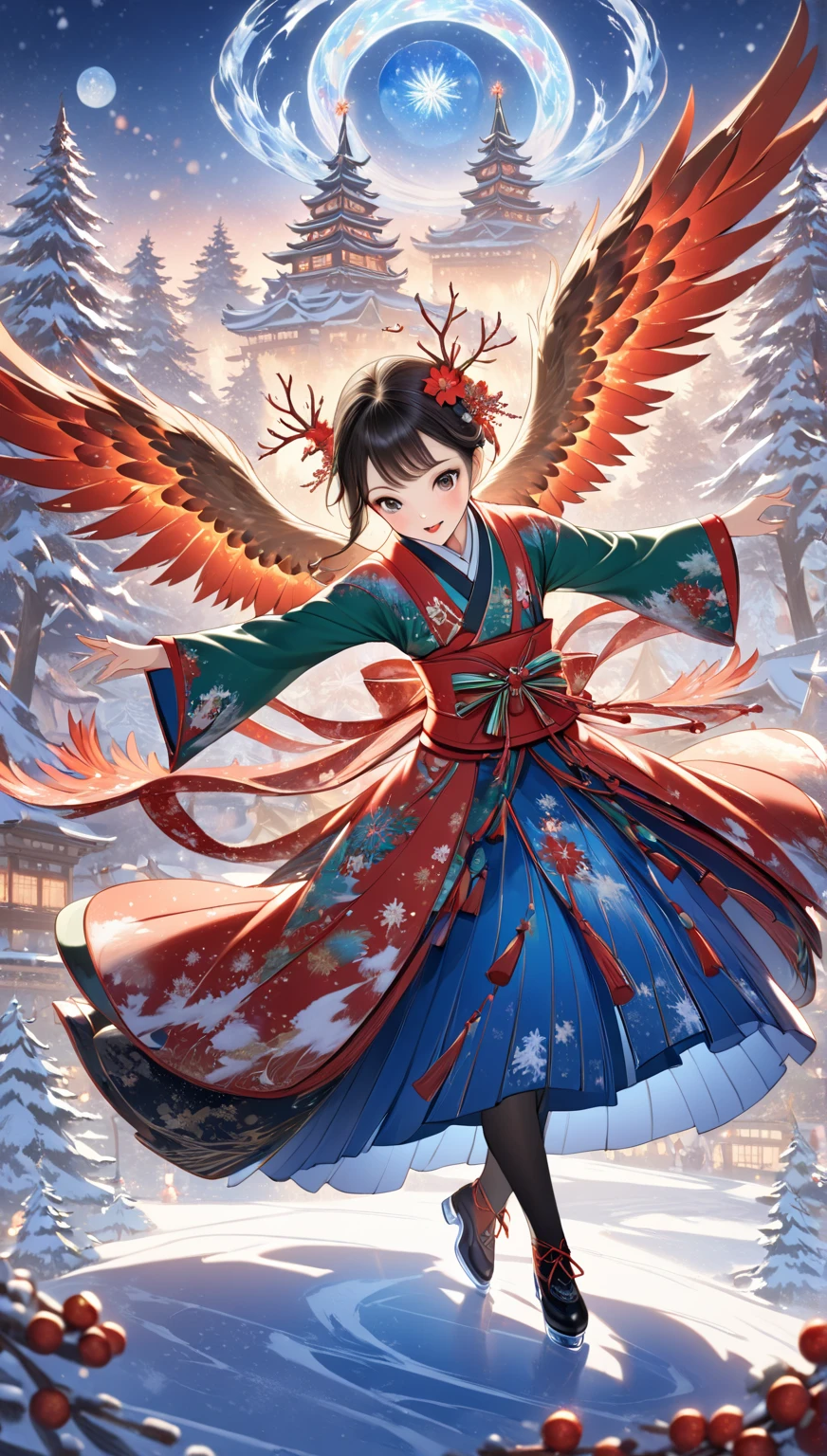 masterpiece  :1.2，  christmas illustration， ((Dancing on ice  ))，    Fantasy World ,     Japanese Style  , ((Incarnation of Fire:1.1))，     Details，  Christmas Winter Scenery ，An owl is flapping its wings   ，     amazing  ，     professional photos    ，