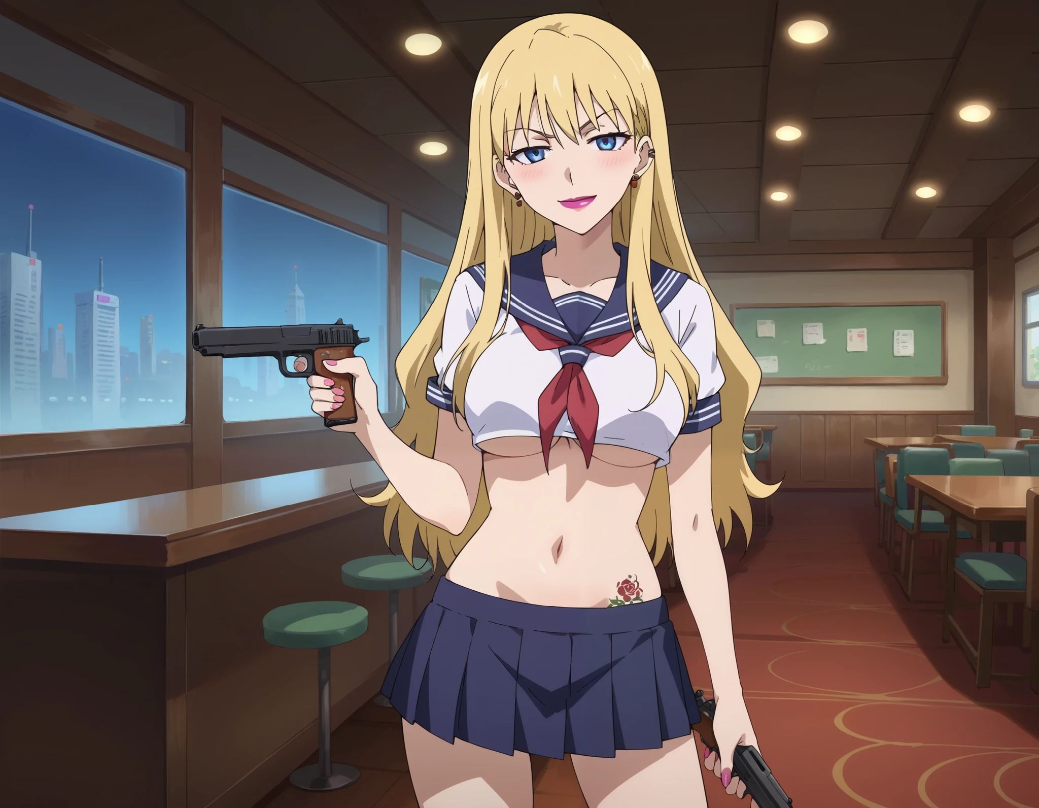 asunaichinose, asuna ichinose, blonde hair, blue eyes, hair over one eye, halo, long hair, mole, mole on breast,
masterpiece, best quality, highly detailed, a anime girls in sailor uniforms with a gun posing for a picture,
evil smile, smile, open mouth,black_serafuku, ecchi anime style, anime girls , (nsfw) not safe for work,
ecchi style, ecchi, shipgirls, digital anime art!!, high school girls, in anime style, official artwork, beautiful
anime high school girl, anime style 4 k, micro skirt, exposed belly, exposed navel, exposed midriff,
exposed lower belly,school, classroom,