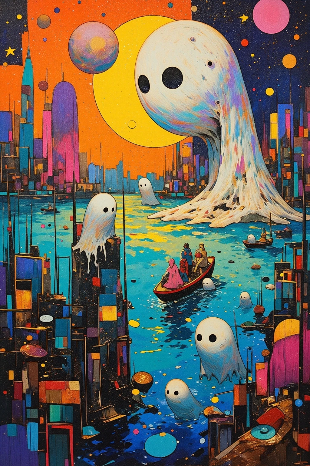   Colorful abstract painting 、  abstract surrealist masterpiece 、  Futurist Paintings  、Wyndham  ･  Ghosts Inspired by Ghosts  、  Unknown Artist  、  very detailed, paints、star々、sea、Little Boat Figures 、deformed ghost 