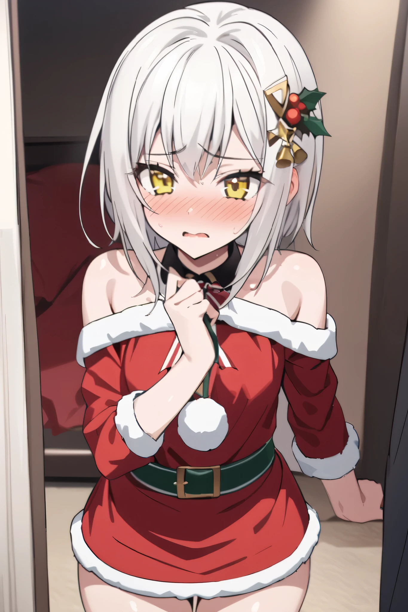 NSFW,masterpiece, top quality , high definition , very detailed,Tacheng kitten、 short hair、 hair ornament、 yellow eyes、White Hair, Santa Claus, miniskirt, shoulder out,Embarrassed,blush