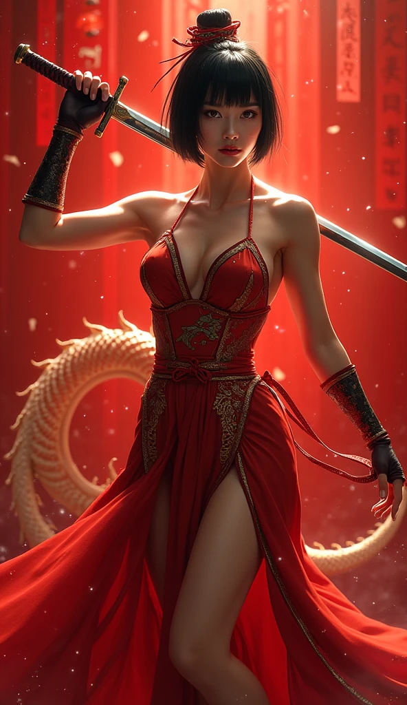 big tits,low cut,tight drees,walk china girls,
Samurai sword in hand, red dragon patterned dress, dress with a leg-length slit, tight dress, short blunt hair, big eyes