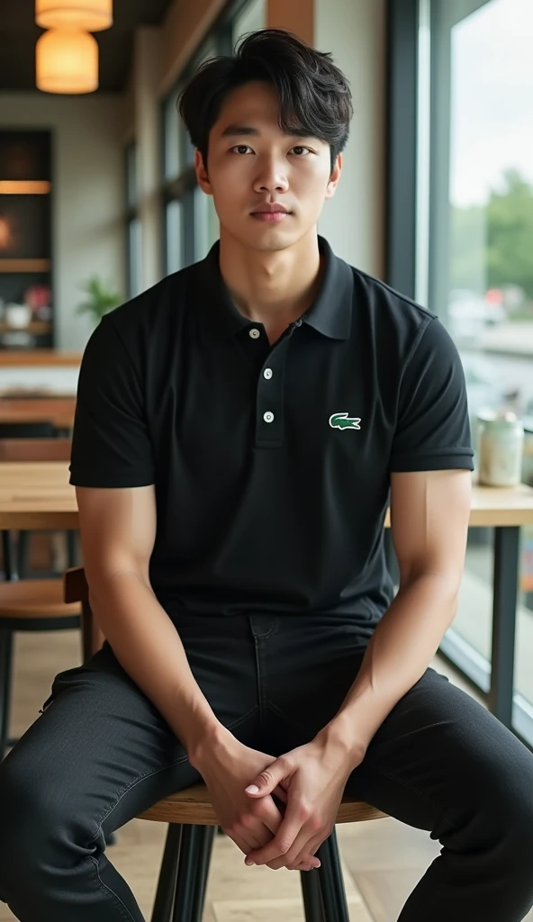 ((realistic daylight)) , Young Korean man in a navy blue polo shirt and jeans, A handsome, muscular young Asian man looks at the camera. In a simple t-shirt blue and red , roadside traffic ,((look sideways))