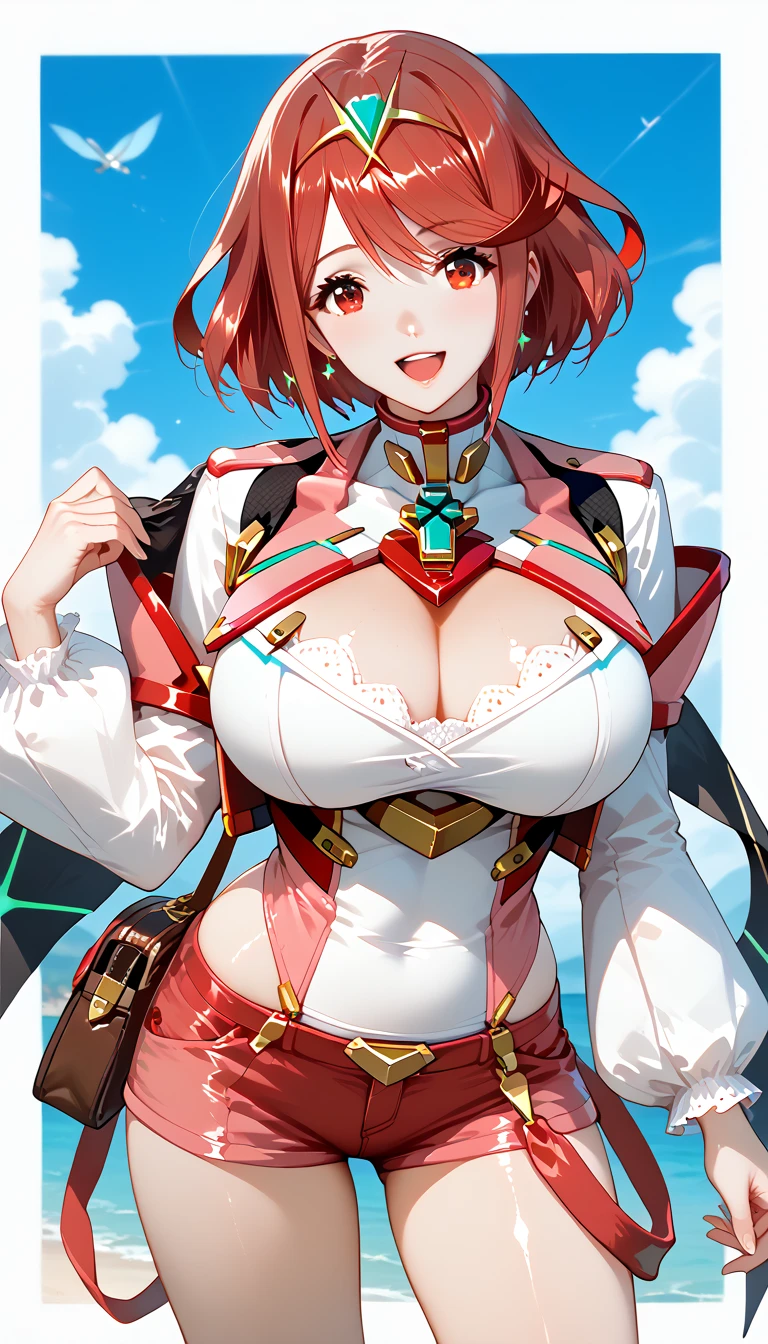 source_anime, masterpiece, best quality, perfect anatomy, very aesthetic, official art, pyra \(xenoblade\), 1girl, red hair, short hair, swept bangs, bob cut, red eyes, solo, traditional media, ultra detailed background, 
shiny skin, beautiful eyes, natural huge breasts, cleavage, curvy, cowboy shot, big smile, open mouth, BREAK, (lightweight leather vest with silver buckles:1.3),
(white flowy blouse with billowing sleeves:1.2),
(navy shorts with reinforced stitching:1.1),
knee-high brown leather boots,
(satchel with enchanted runes:1.1),
goggles with crystal lenses for wind protection