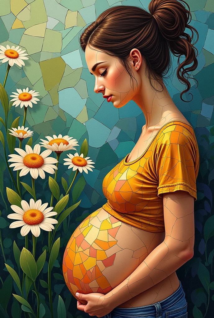 beautifull abstract and pregnant woman with her baby inside her and with beautiful brightly colored flowers emanating from her long hair,, with a midwife who hugs and cares for her, and that represents her reconnection with the power of women