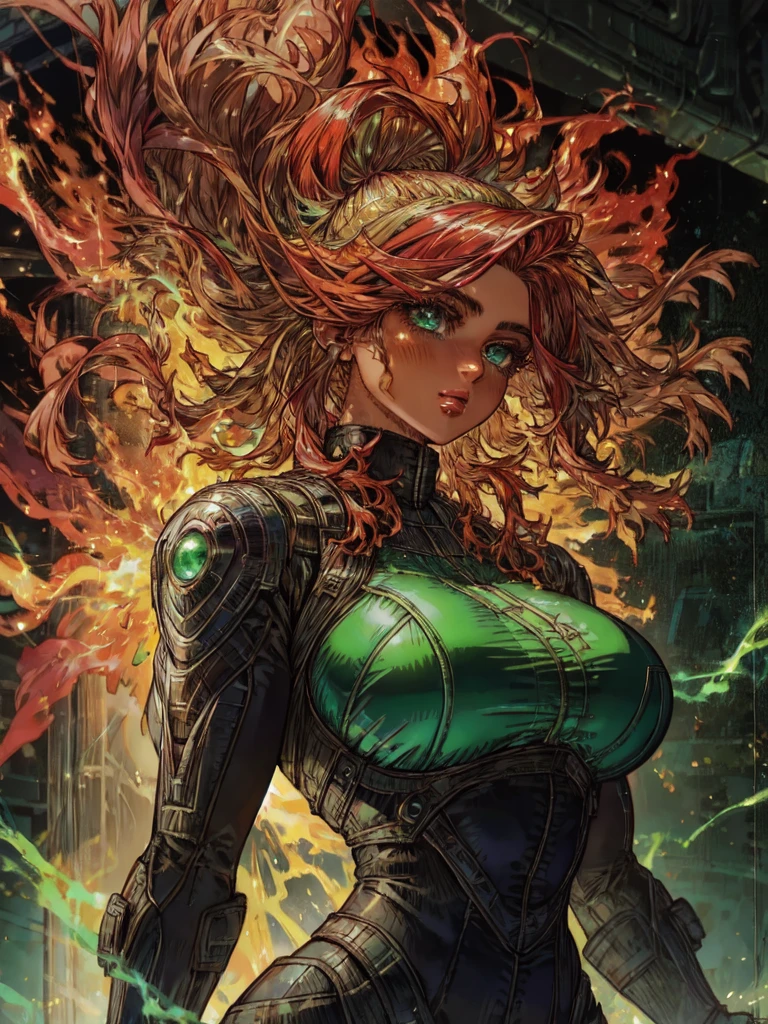 (photorealism:1.2), Digital real illustration featuring a female character with striking, glowing complet emerald eyes and 
eyelashes emerald  voluminous, fiery red hair that appears to be ablaze. Her skin is a smooth and tanned , light tan, and she has dark, glossy lips. She is wearing a form-fitting suit with a green and purple color scheme, indicating affiliation with the X-Men. The background is a gradient of dark to light hues, enhancing the dramatic effect of her hair and eyes. 