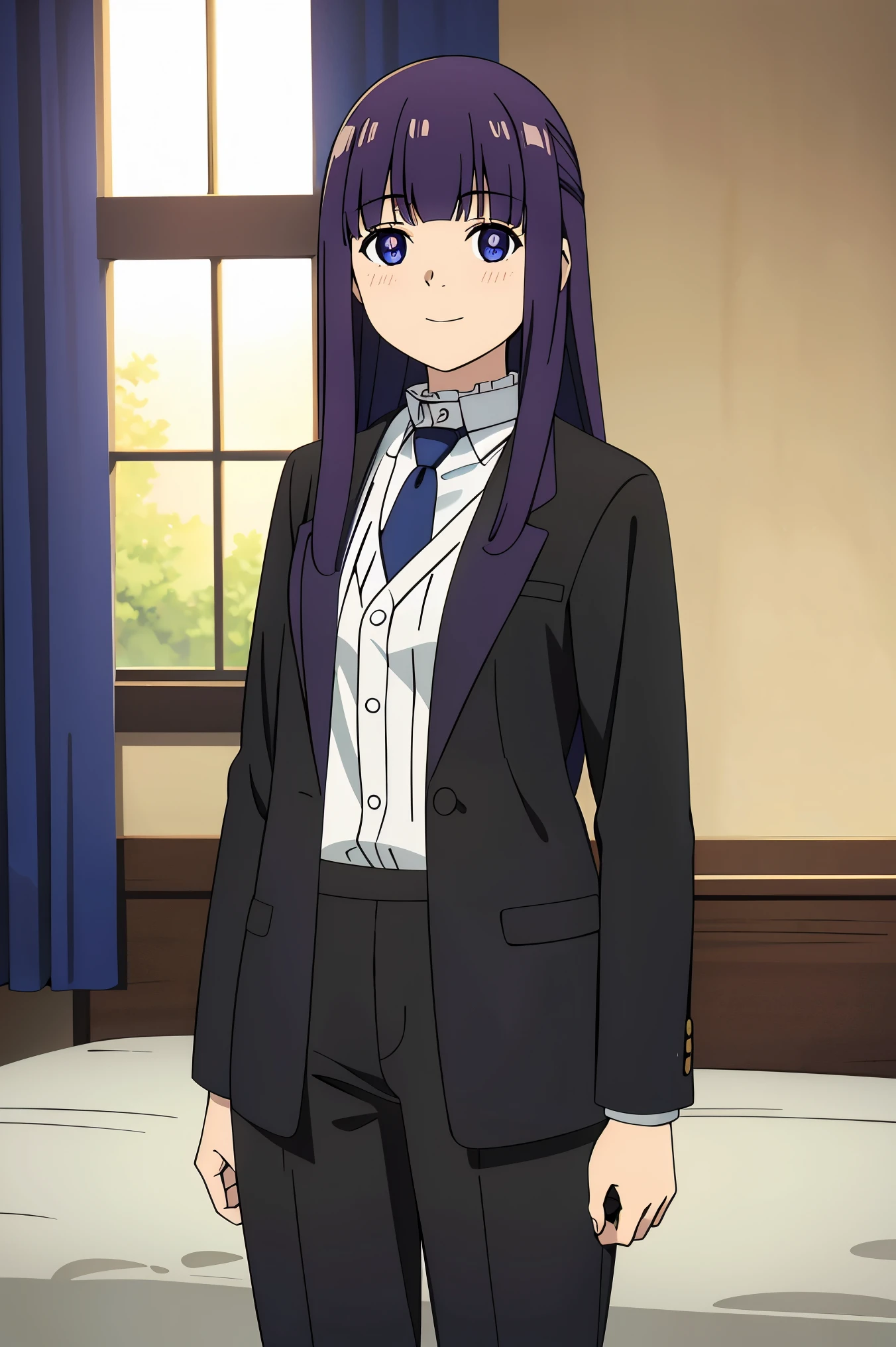 (safe:1.10), best quality, masterpiece, highres, solo, (fern_sousounofrieren:1.10), portrait, looking at viewer, anime_style, 14,(masterpiece:1.0),(best_quality:1.0), ultra high res,4K,ultra-detailed, photography, 8K, HDR, highres, woman in formal attractive suit tuxedo tailcoat standing in a large alcove in the room, 1girl, solo, necktie, black hair, blue eyes, long hair, smile, jacket, looking at viewer, shirt, pants, blue necktie, collared shirt, white pants, white shirt, indoors, bangs, long sleeves, closed mouth, window, black jacket, blush, cowboy shot, formal, suit
