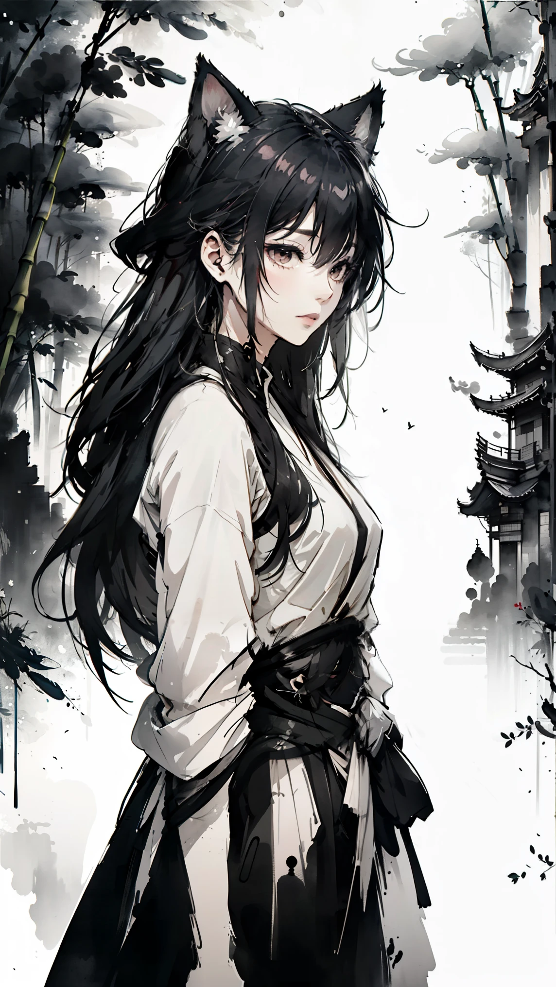 (( serene bamboo forest :1.2))、junkotvv cat ears, black long hair, ink painting、Hanging scroll、(of the highest quality、4k、8K、 high resolution 、 Masterpiece:1.2)、 super detailed 、(real、photorealistic 、photorealistic :1.37)、 intricate brushstrokes 、natural light、 A calming color palette、 atmosphere 、quiet、calm、 Oriental Aesthetics 、Sumi-e style、 minimalist composition 、 dynamic composition 、harmony、Like Zen 、ethereal、 High-quality meditation 、(((ink painting)))。