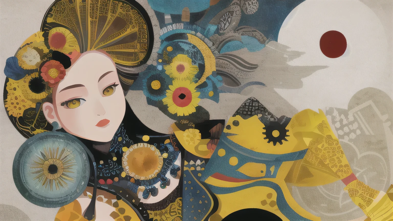 masterpiece, illustration of yellow art, in the style of grunge beauty, sandara tang, mixed patterns, charming character illustrations, folkloric , minimalis