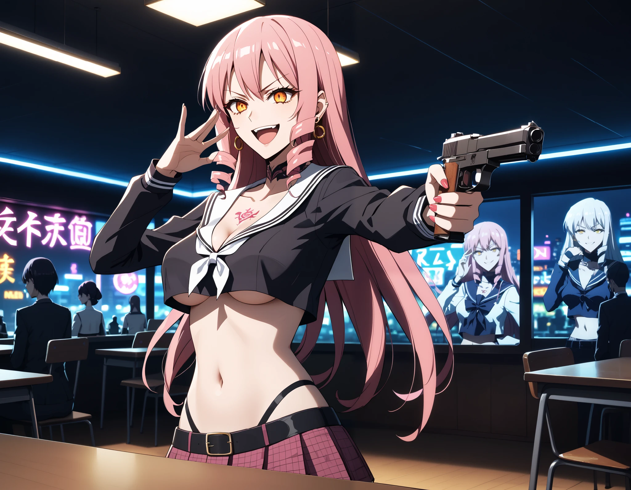 1girl, solo,
score_6, score_7, score_8, score_9,
 pink hair, long hair, drill hair, orange_eyes, yellow_eyes, midriff, navel, cleavage, smirk, FullyExposedStomach, midriff, navel,
(toned_body:0.8),  bar
background, inside bar,indoors, cityscape, casino, nightclub, city lights,jewelry, earrings, masterpiece, best quality, highly detailed, a anime girls in sailor uniforms with a gun posing for a picture,
evil smile, smile, open mouth,black_serafuku, ecchi anime style, anime girls , (nsfw) not safe for work,
ecchi style, ecchi, shipgirls, digital anime art!!, high school girls, holding a gun, hold a gun, anime style 4
k, micro skirt, exposed belly, exposed navel, exposed midriff, holding pistol,underboob,
exposed lower belly,school, classroom,, tattoo on body, dragon tattoo, tattoo midriff, rose tattoo,, dual wielding, , open arms sideway, arms T-pose, smirk, standing, anime girl T posing