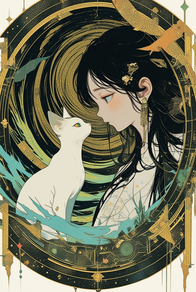 There is a circular picture of a cat and a woman in the circle、junji ito’s uzumaki、Swirl、 Ukiyo-e、There is a circular picture of animals and people in a 、cat