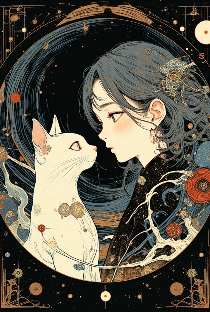 There is a circular picture of a cat and a woman in the circle、junji ito’s uzumaki、Swirl、 Ukiyo-e、There is a circular picture of animals and people in a 、cat