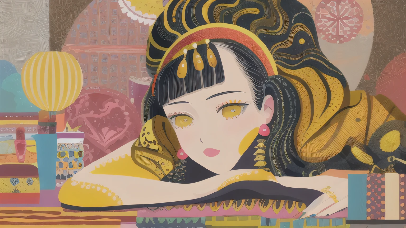 masterpiece, illustration of yellow art, in the style of grunge beauty, sandara tang, mixed patterns, charming character illustrations, folkloric , minimalis