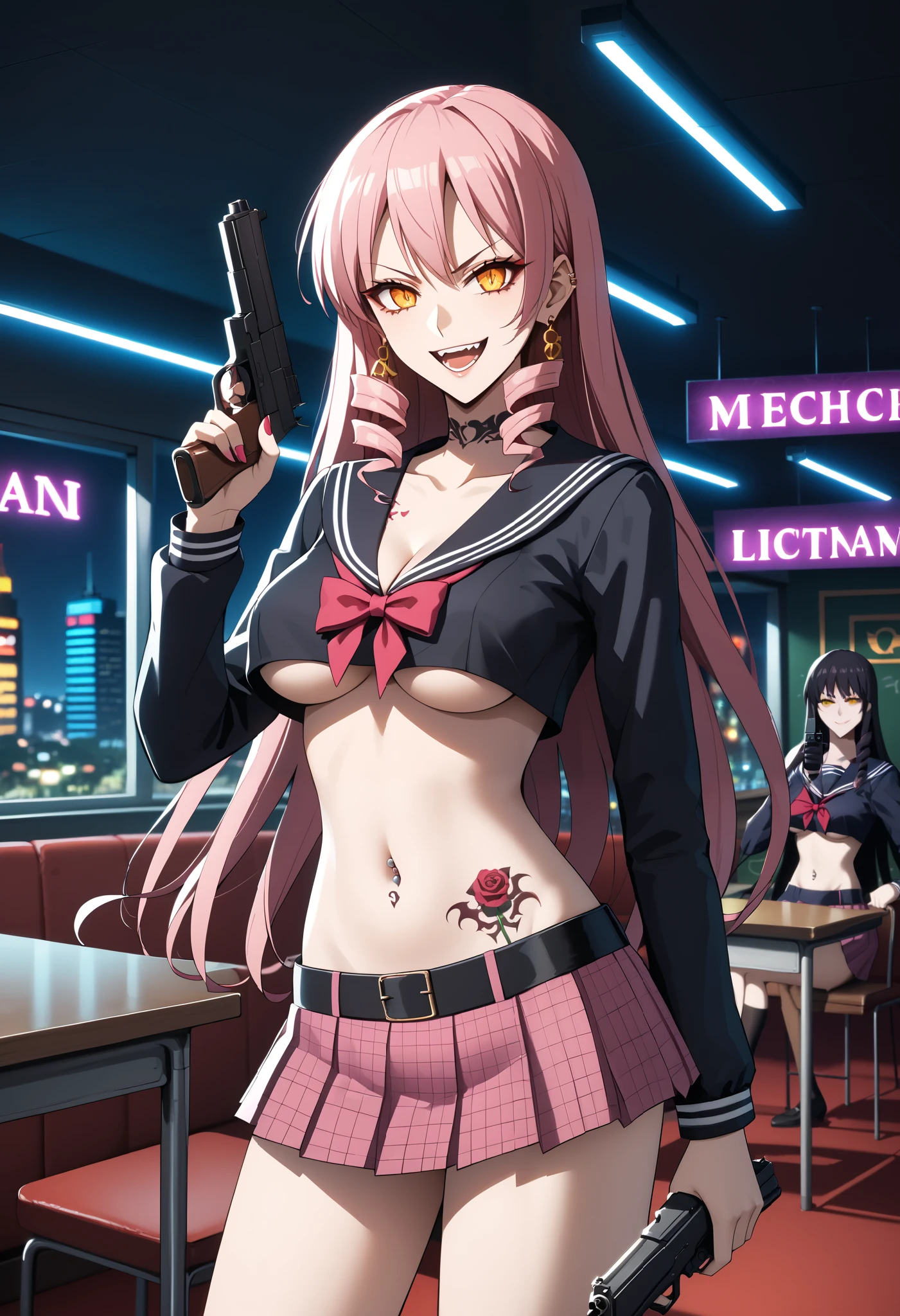 1girl, solo,
score_6, score_7, score_8, score_9,
 pink hair, long hair, drill hair, orange_eyes, yellow_eyes, midriff, navel, cleavage, smirk, FullyExposedStomach, midriff, navel,
(toned_body:0.8),  bar
background, inside bar,indoors, cityscape, casino, nightclub, city lights,jewelry, earrings, masterpiece, best quality, highly detailed, a anime girls in sailor uniforms with a gun posing for a picture,
evil smile, smile, open mouth,black_serafuku, ecchi anime style, anime girls , (nsfw) not safe for work,
ecchi style, ecchi, shipgirls, digital anime art!!, high school girls, holding a gun, hold a gun, anime style 4
k, micro skirt, exposed belly, exposed navel, exposed midriff, holding pistol,underboob,
exposed lower belly,school, classroom,, tattoo on body, dragon tattoo, tattoo midriff, rose tattoo,, dual wielding, , navel piercing