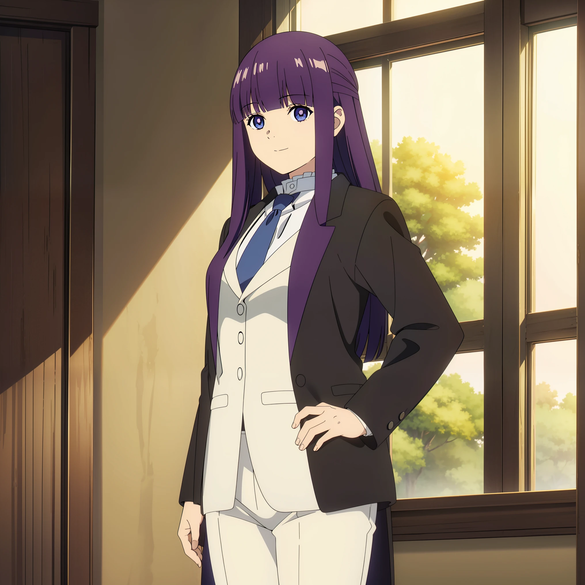 (safe:1.10), best quality, masterpiece, highres, solo, (fern_sousounofrieren:1.10), portrait, looking at viewer, anime_style, 14,(masterpiece:1.0),(best_quality:1.0), ultra high res,4K,ultra-detailed, photography, 8K, HDR, highres, woman in formal attractive suit tuxedo tailcoat standing in a large alcove in the room, 1girl, solo, necktie, black hair, blue eyes, long hair, smile, jacket, looking at viewer, shirt, pants, blue necktie, collared shirt, white pants, white shirt, indoors, bangs, long sleeves, closed mouth, window, black jacket, blush, cowboy shot, formal, suit , badass